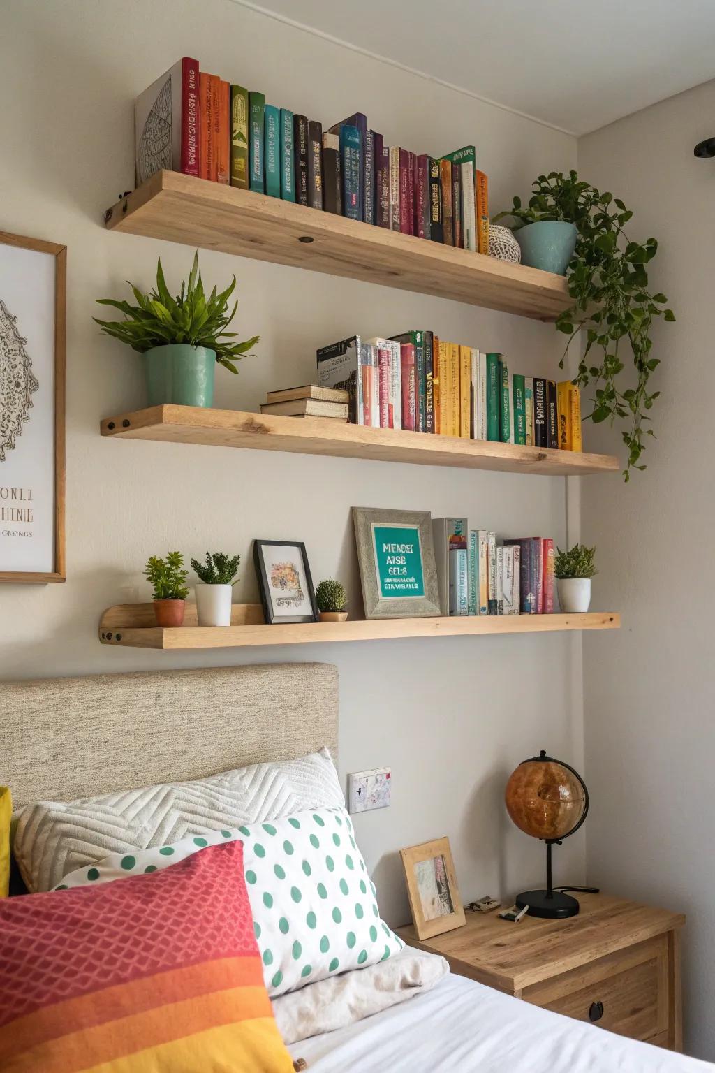 Elevate your bedroom decor with practical floating shelves.