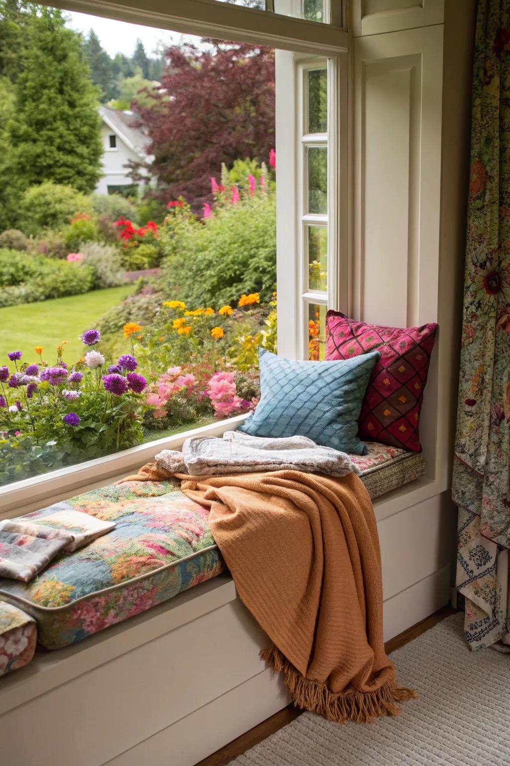 A window seat creates a perfect nook for relaxation and enjoying the view.