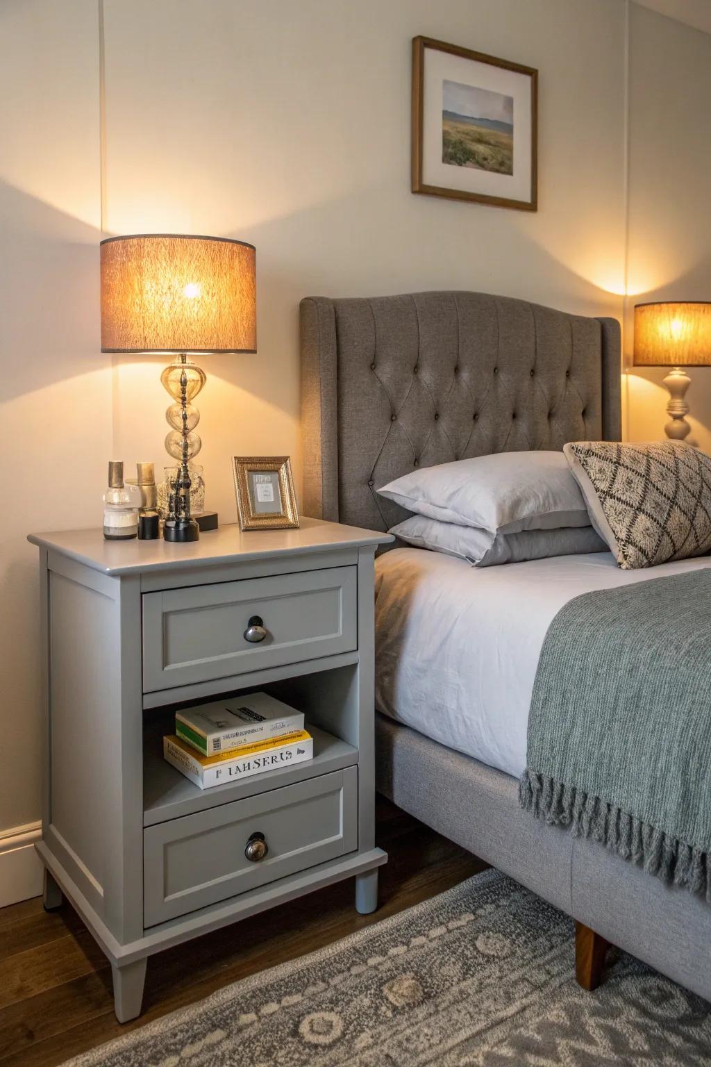 Grey nightstands providing both style and function.