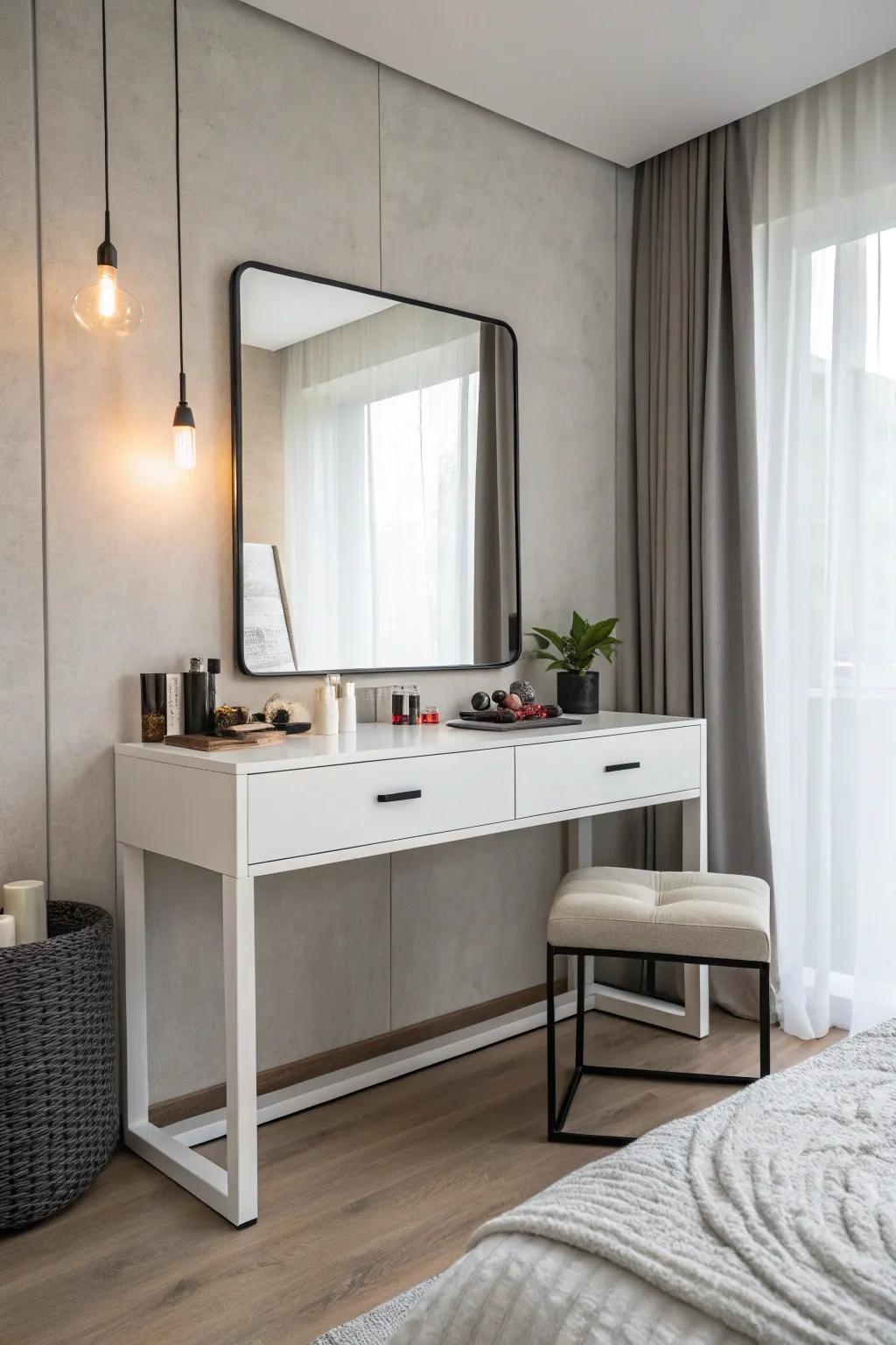 A minimalist vanity for a sleek and calm bedroom.