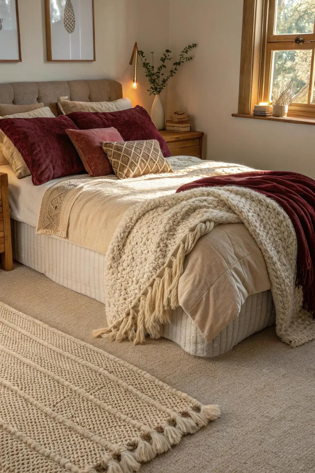 A cozy bedroom where textures come alive against the backdrop of a beige carpet.