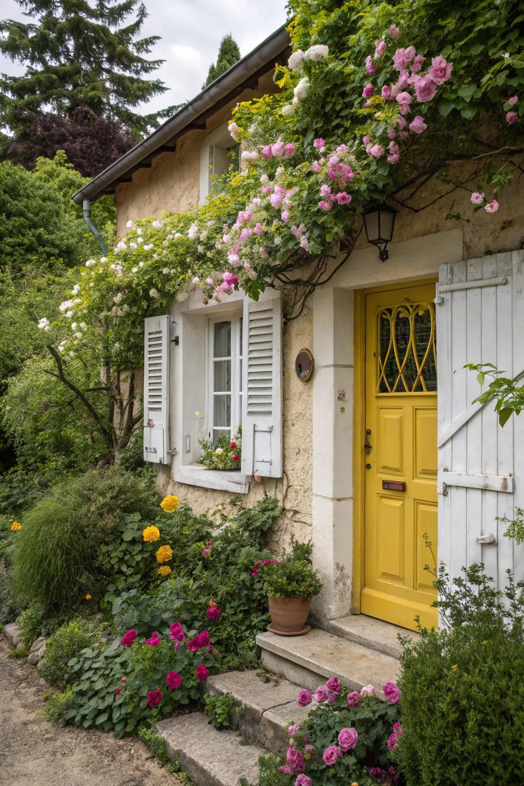 A cheerful yellow door adds a pop of color to this cozy cottage.