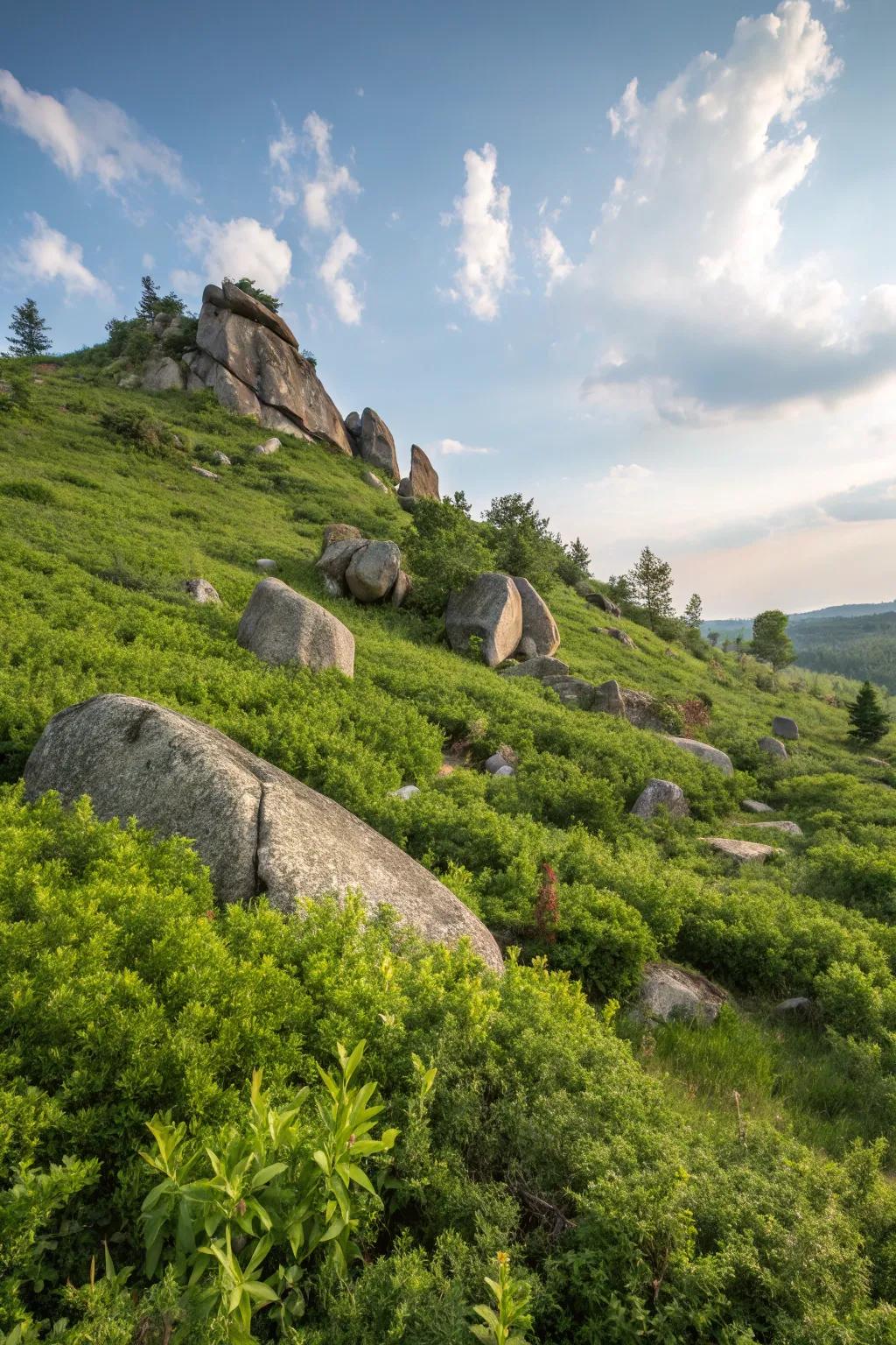 Rocks and boulders bring stability and beauty to slopes.