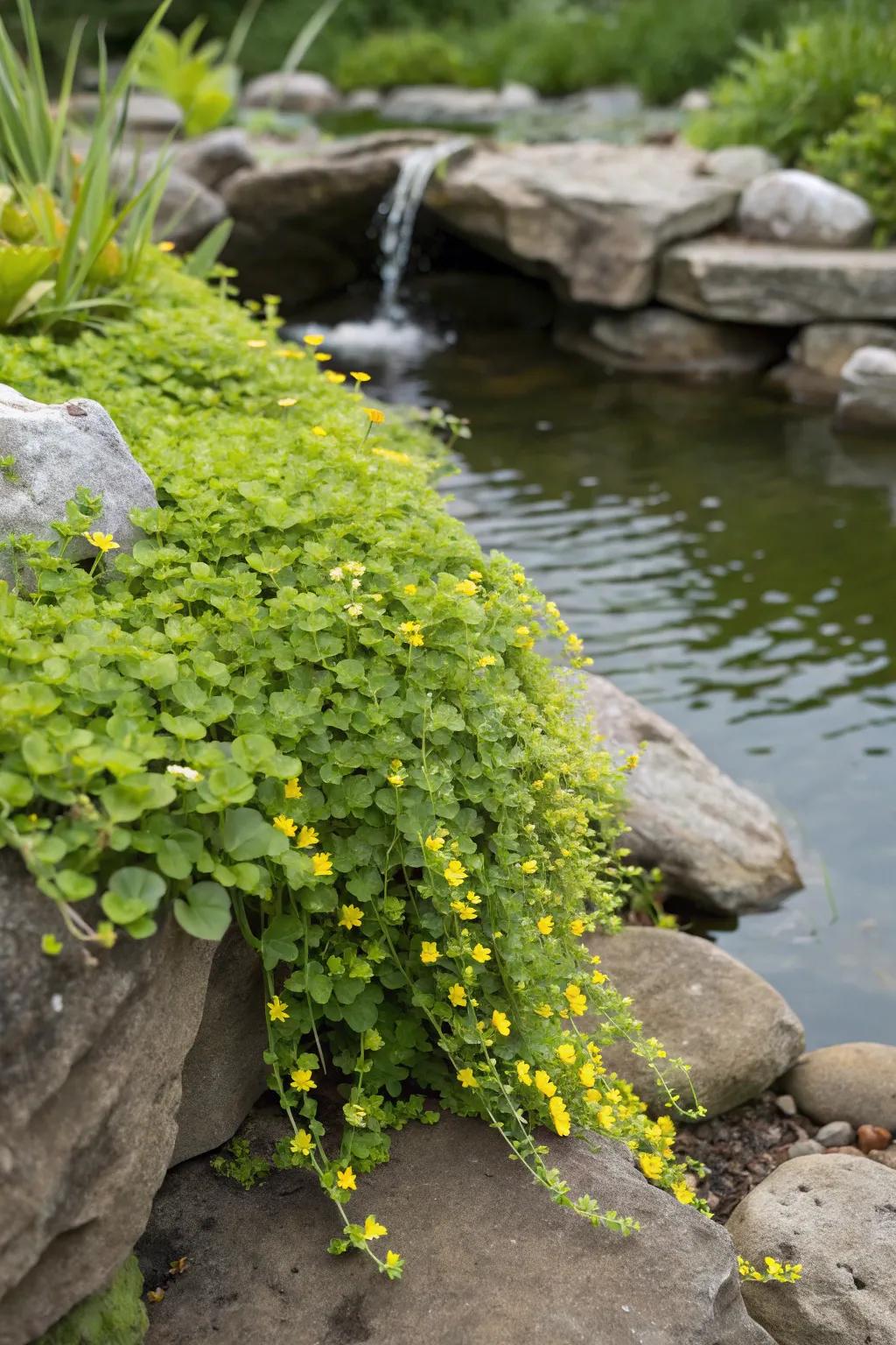 Creeping Jenny adds a vibrant border to your pond.