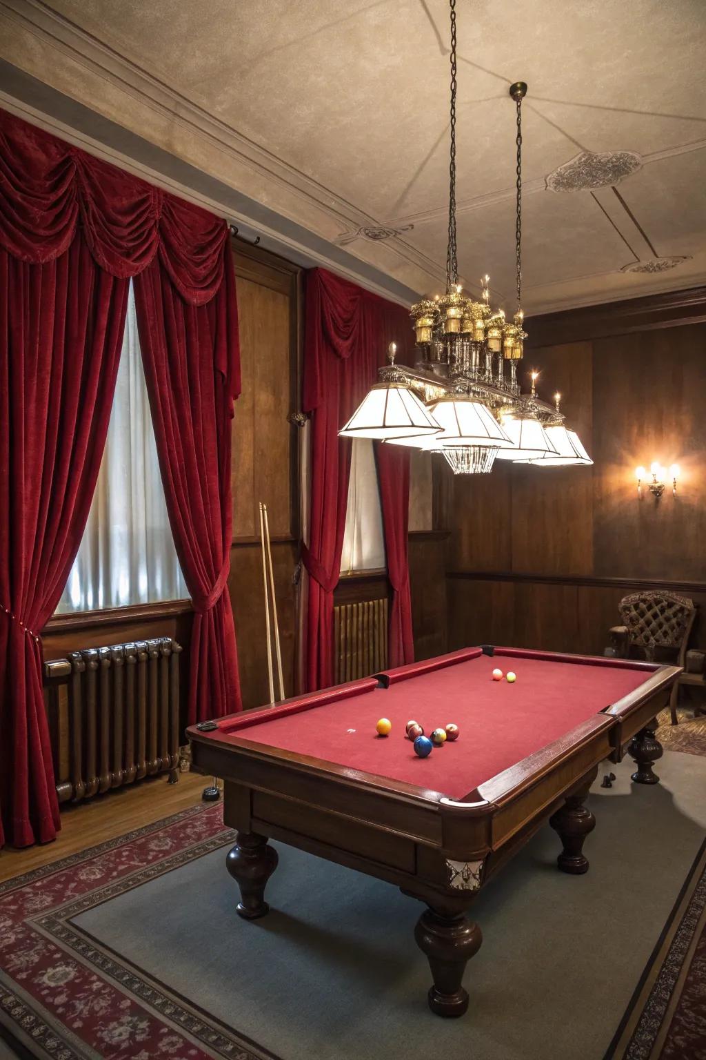 Elegant pendant lighting enhancing the ambiance of a billiard room.