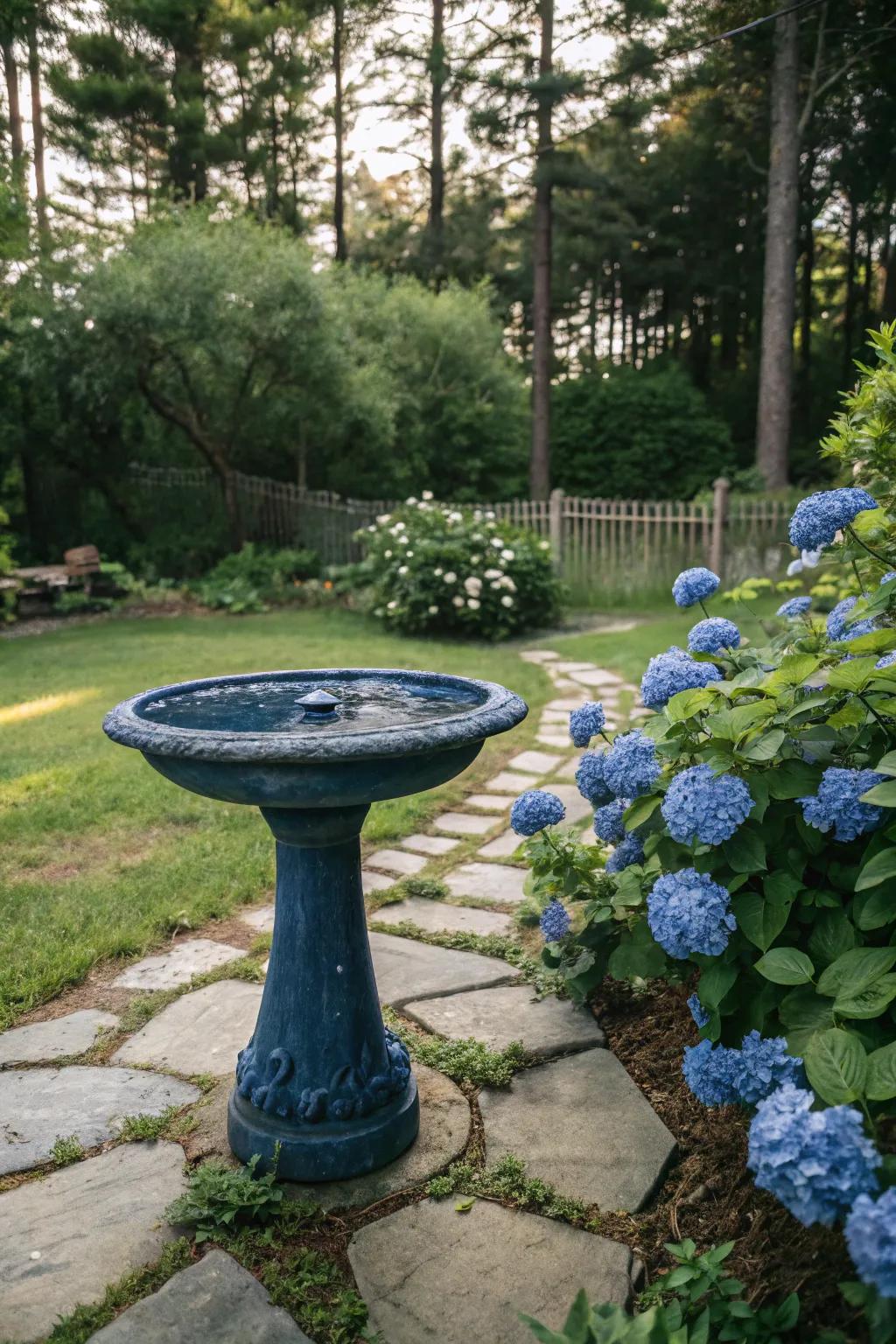 A serene blue bird bath harmonizing with blue hydrangeas, creating a calm retreat for birds.