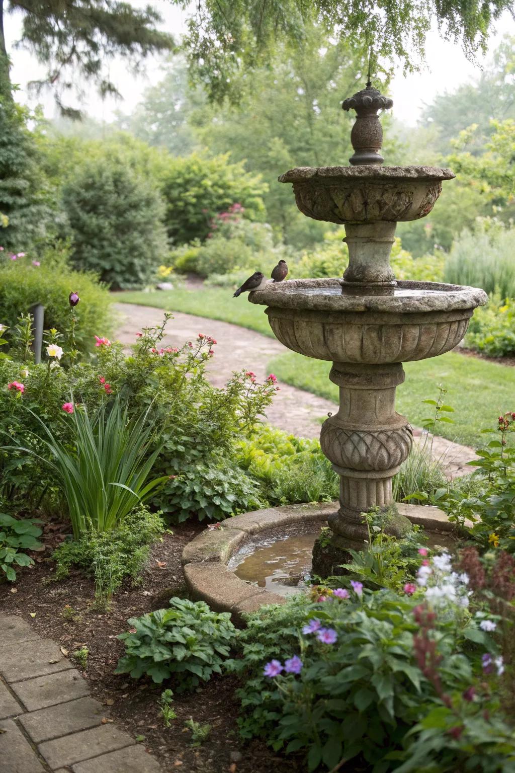 A stone-stacked bird bath exuding natural elegance in a garden.