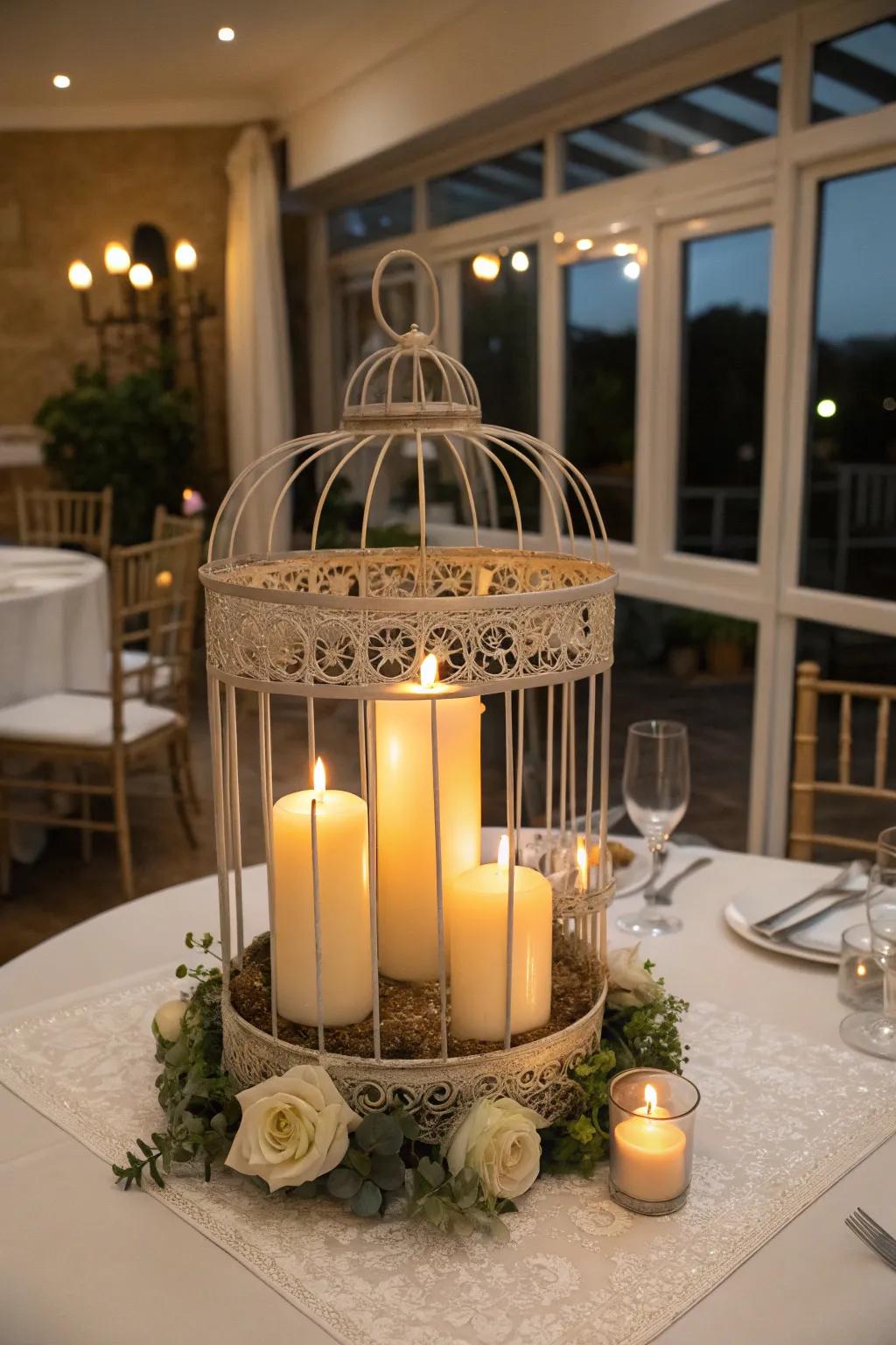 A bird cage centerpiece with candles creating a cozy atmosphere.