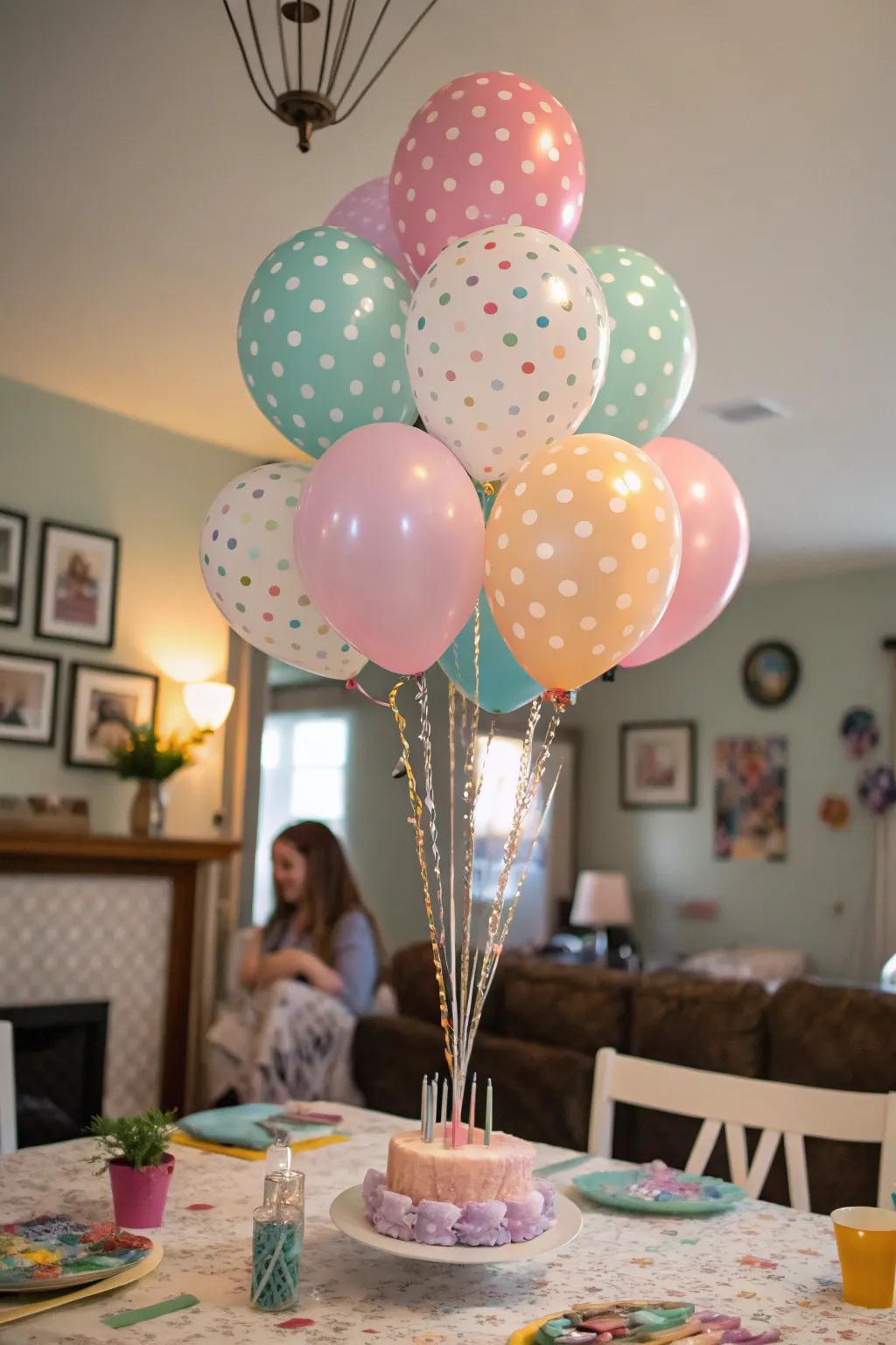 A balloon centerpiece adds height and playfulness to the table.