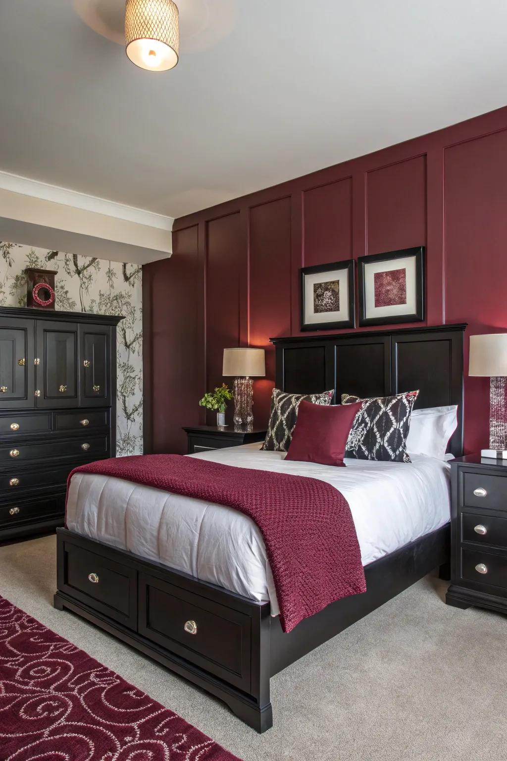 A burgundy accent wall adds depth and creates a dramatic focal point in your bedroom.