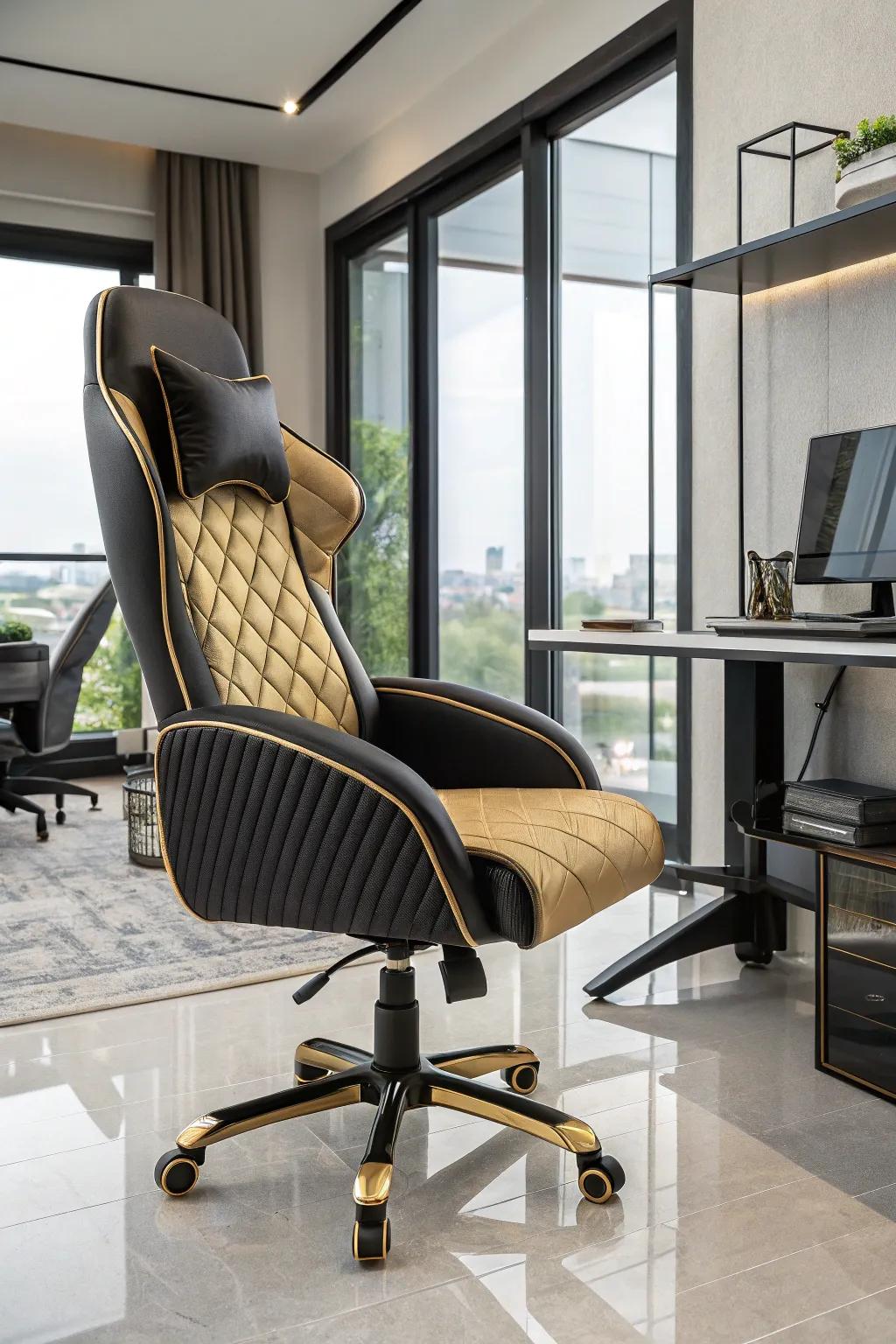 A gold and black chair combines elegance with ergonomic design.