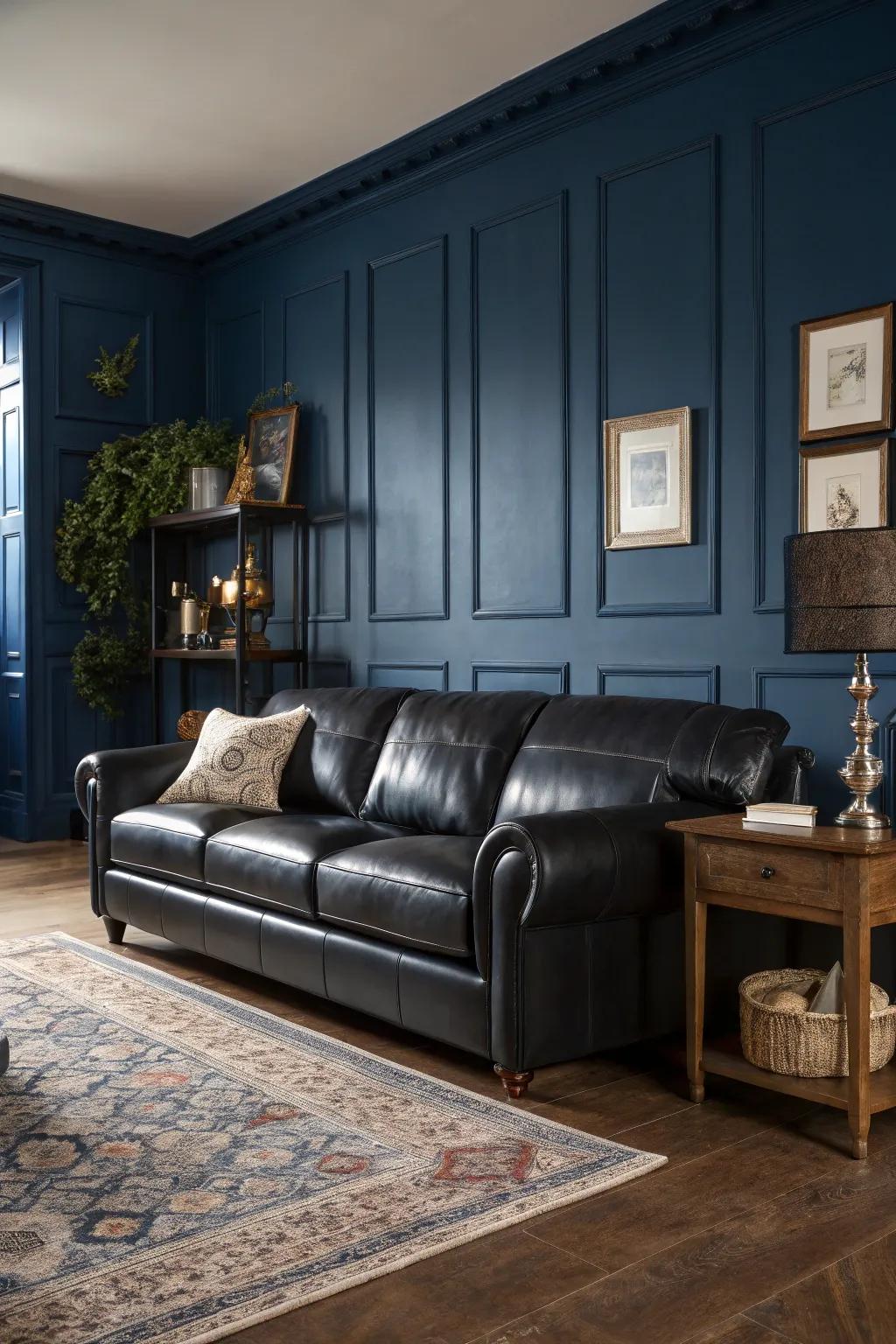 A black leather sofa offers a bold contrast to navy walls.