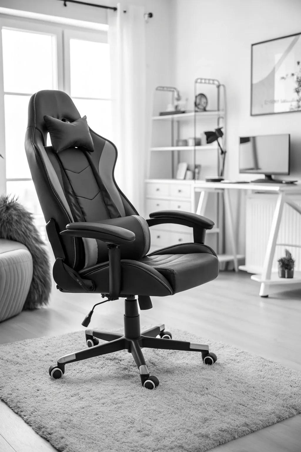 A comfortable ergonomic chair that complements a sleek gaming environment.