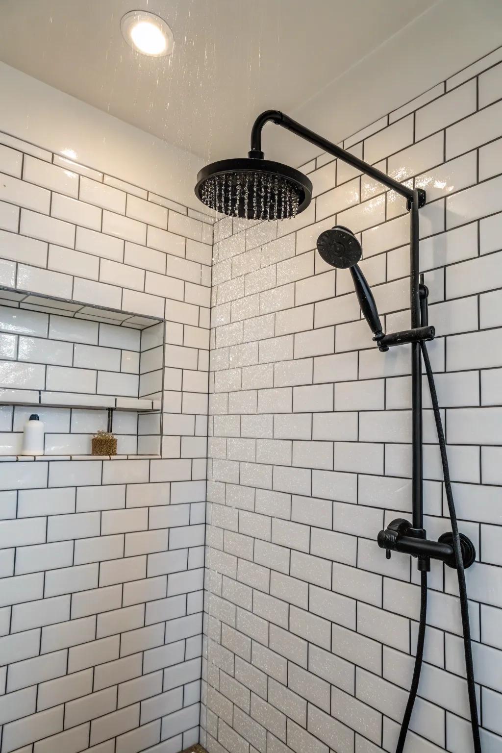 Classic white subway tiles create a fresh and timeless shower look.