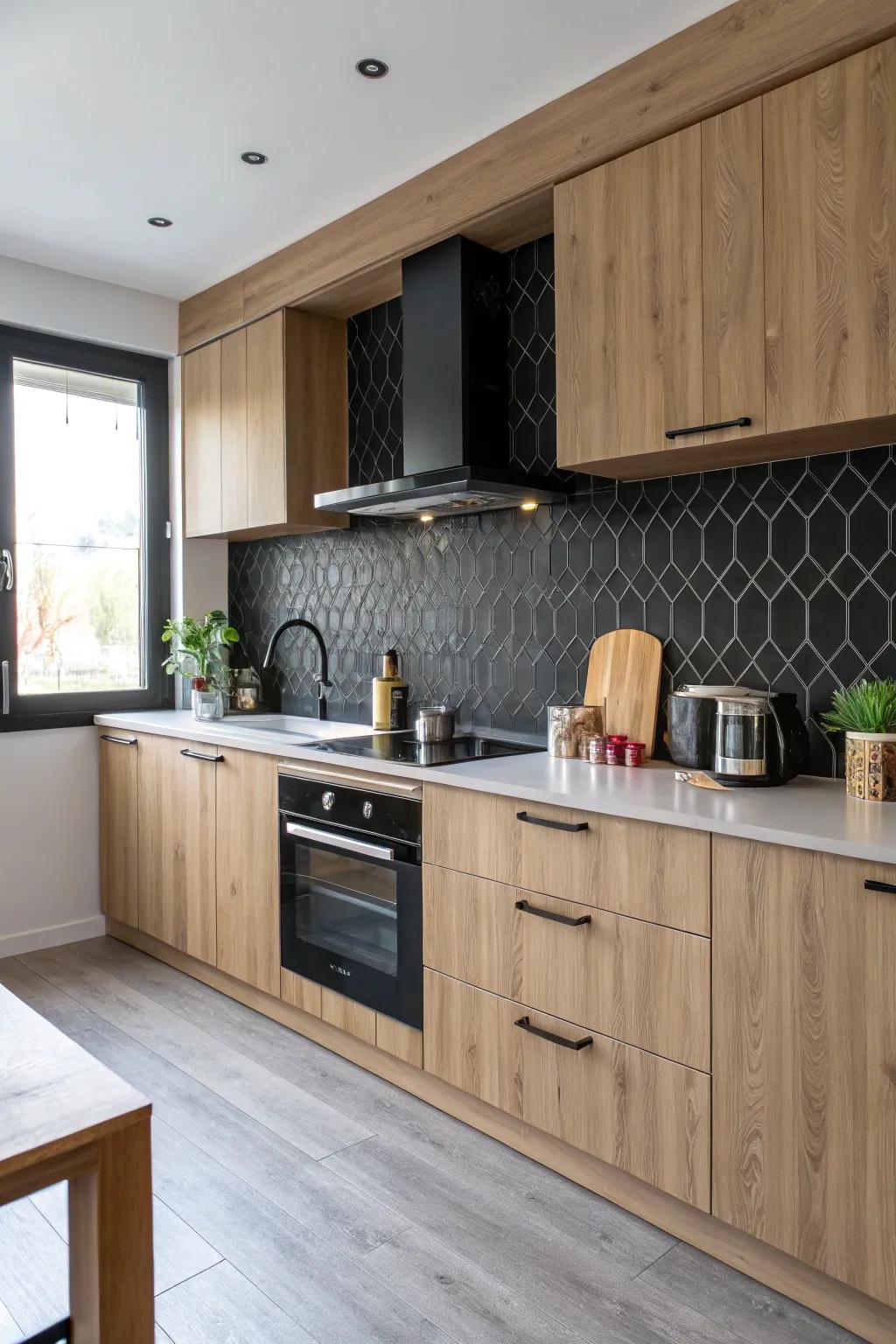 A kitchen showcasing the elegance of textured black tiles that add depth and interest.
