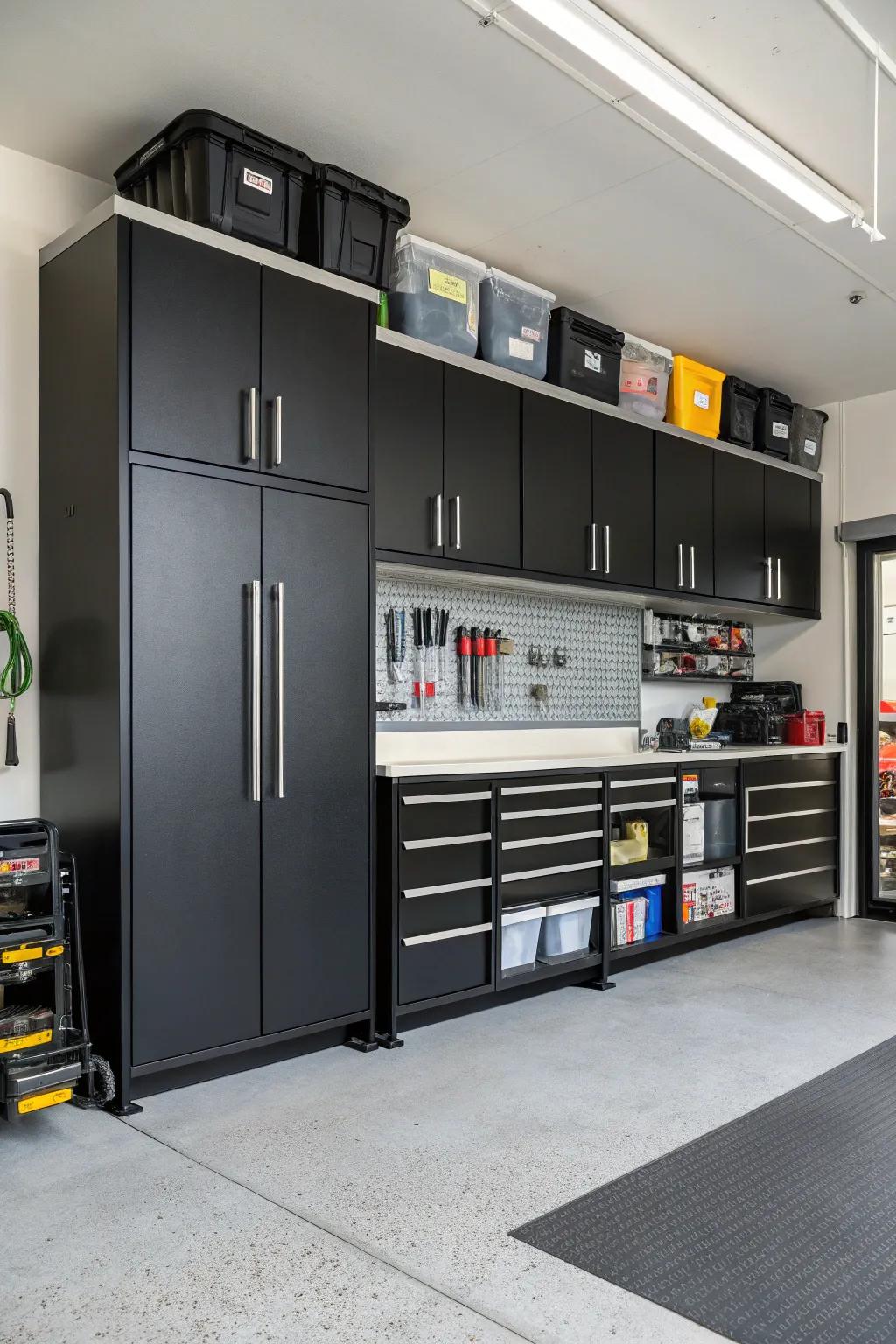 Efficient black cabinets for a well-organized garage.