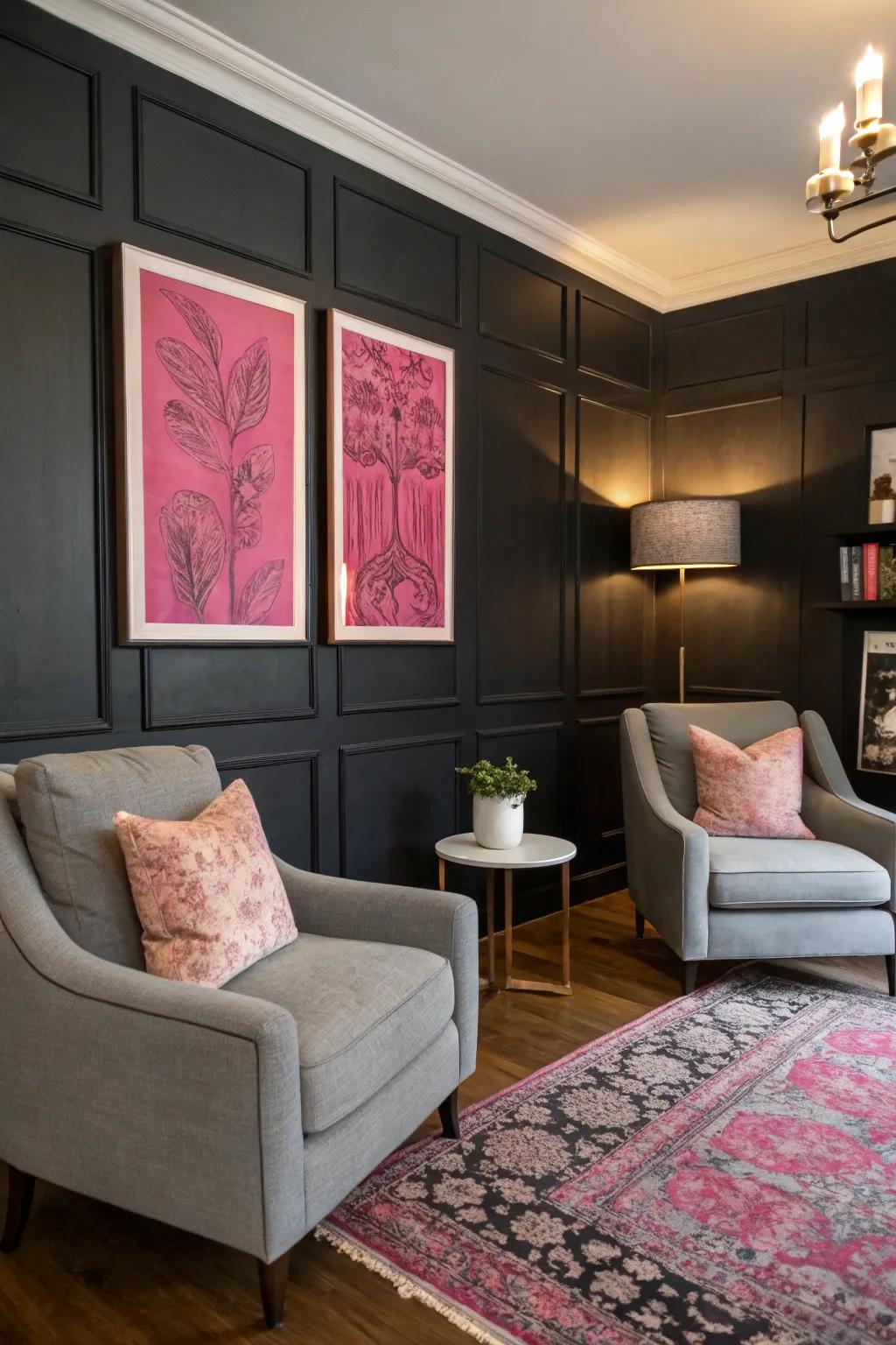 A black accent wall with pink artwork adds drama and style.