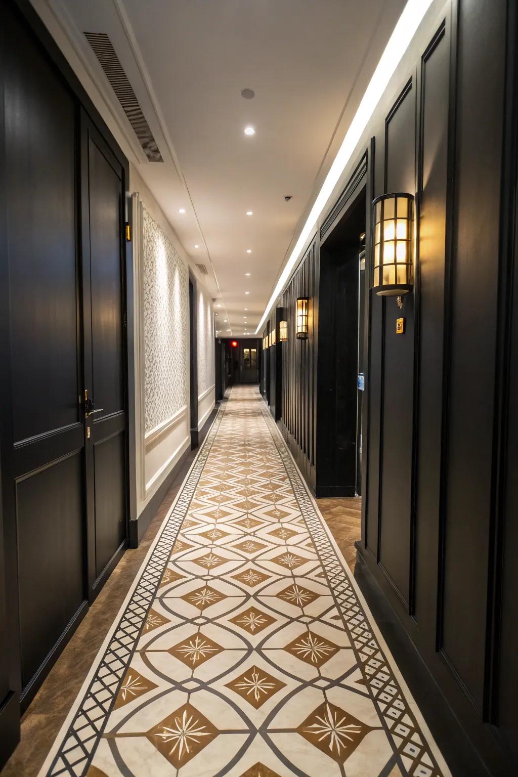 Contrasting light flooring enhances the elegance of a black hallway.