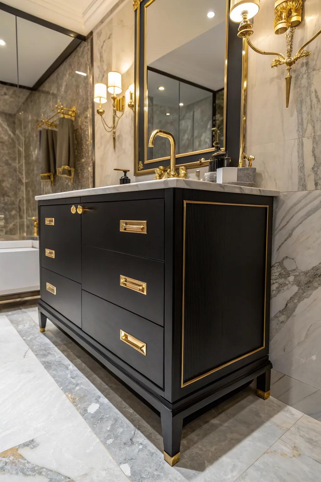 Gold accents against a black vanity bring a touch of glamour and sophistication.