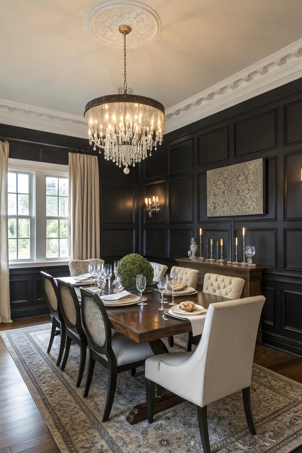 Sophisticated dining room with dramatic black wainscoting.