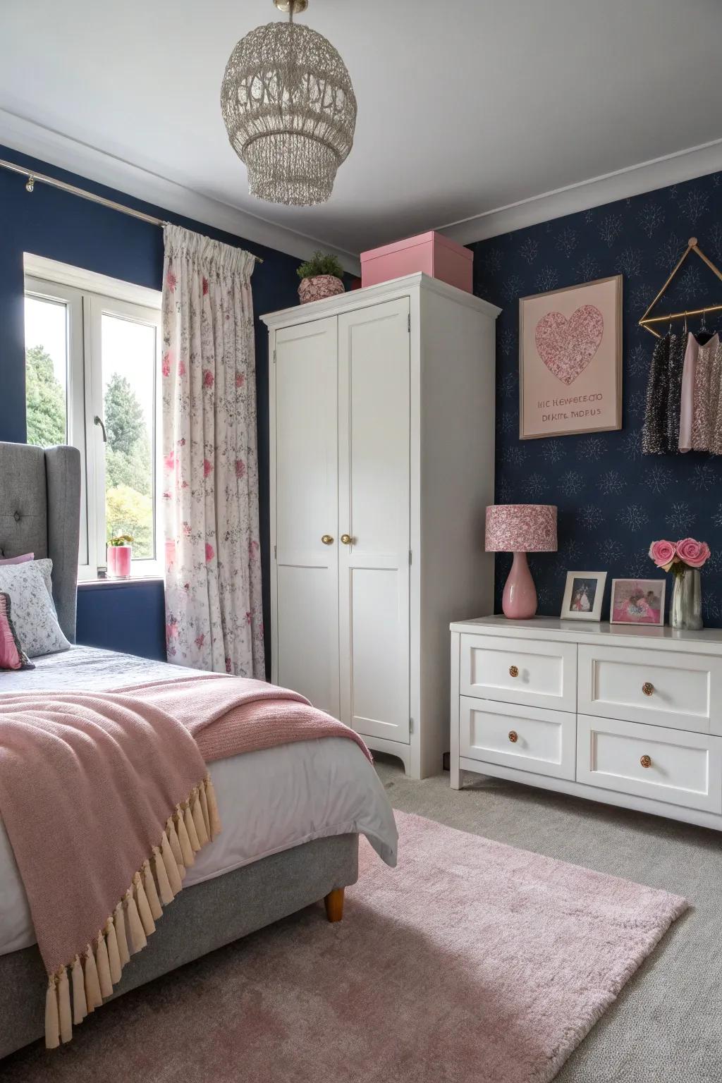 A navy blue accent wall adds depth, complemented by soft pink accents.