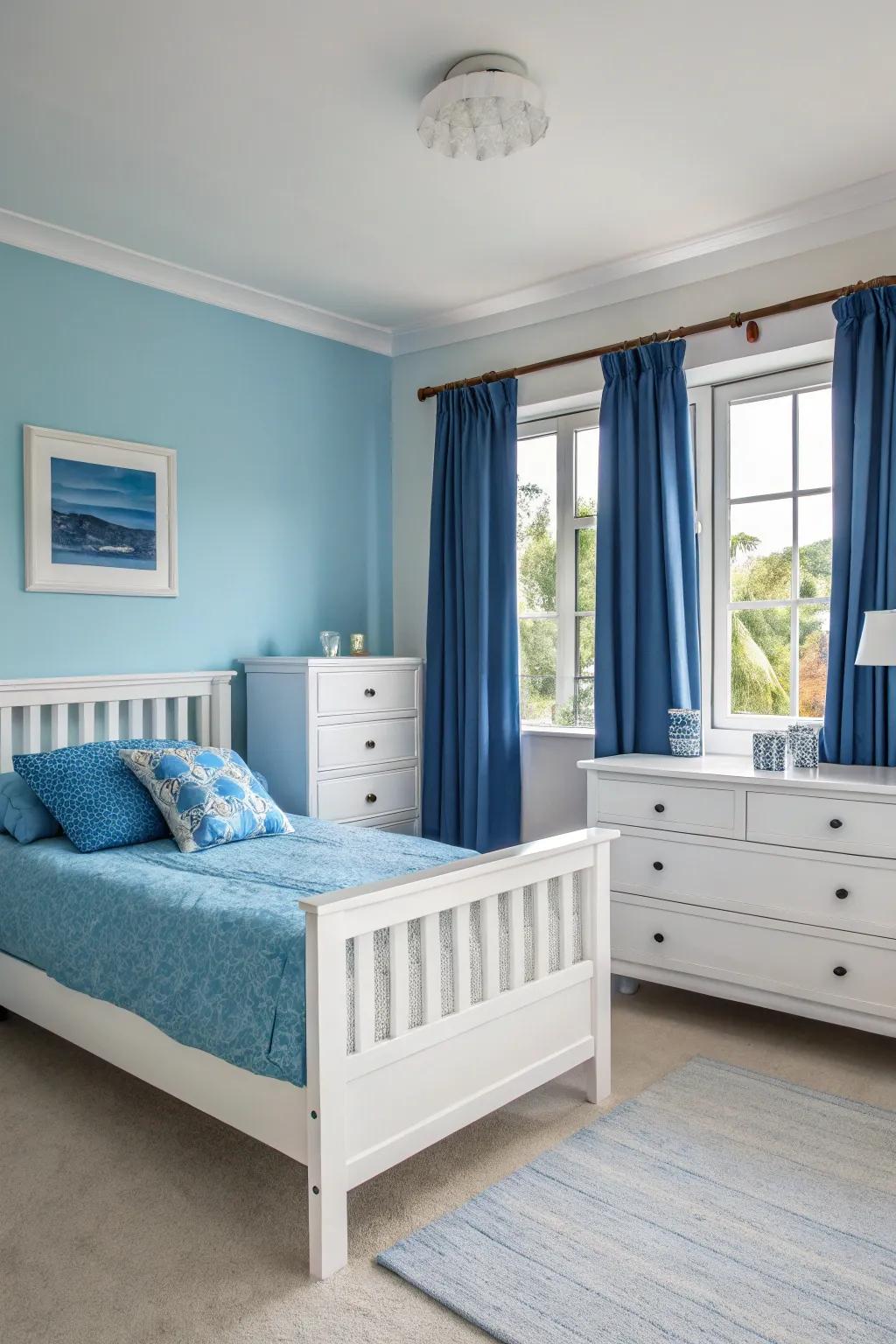 Elegant white furniture complements the soft blue tones in this bedroom.