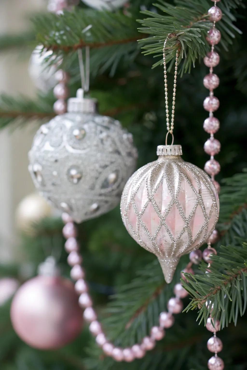 Silver ornaments bring a touch of elegance and sparkle.