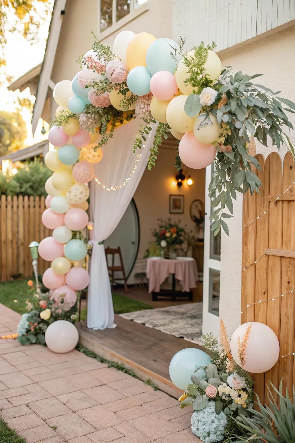 A balloon arch in soft hues sets a whimsical tone.