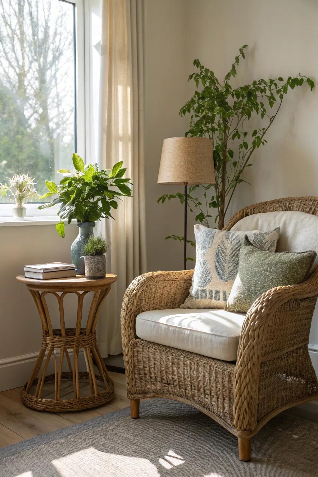 A cozy corner featuring a wicker armchair and natural elements.