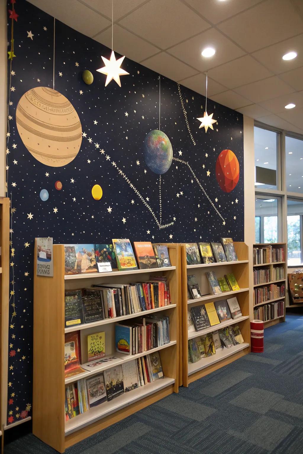 An outer space themed display corner at the book fair.