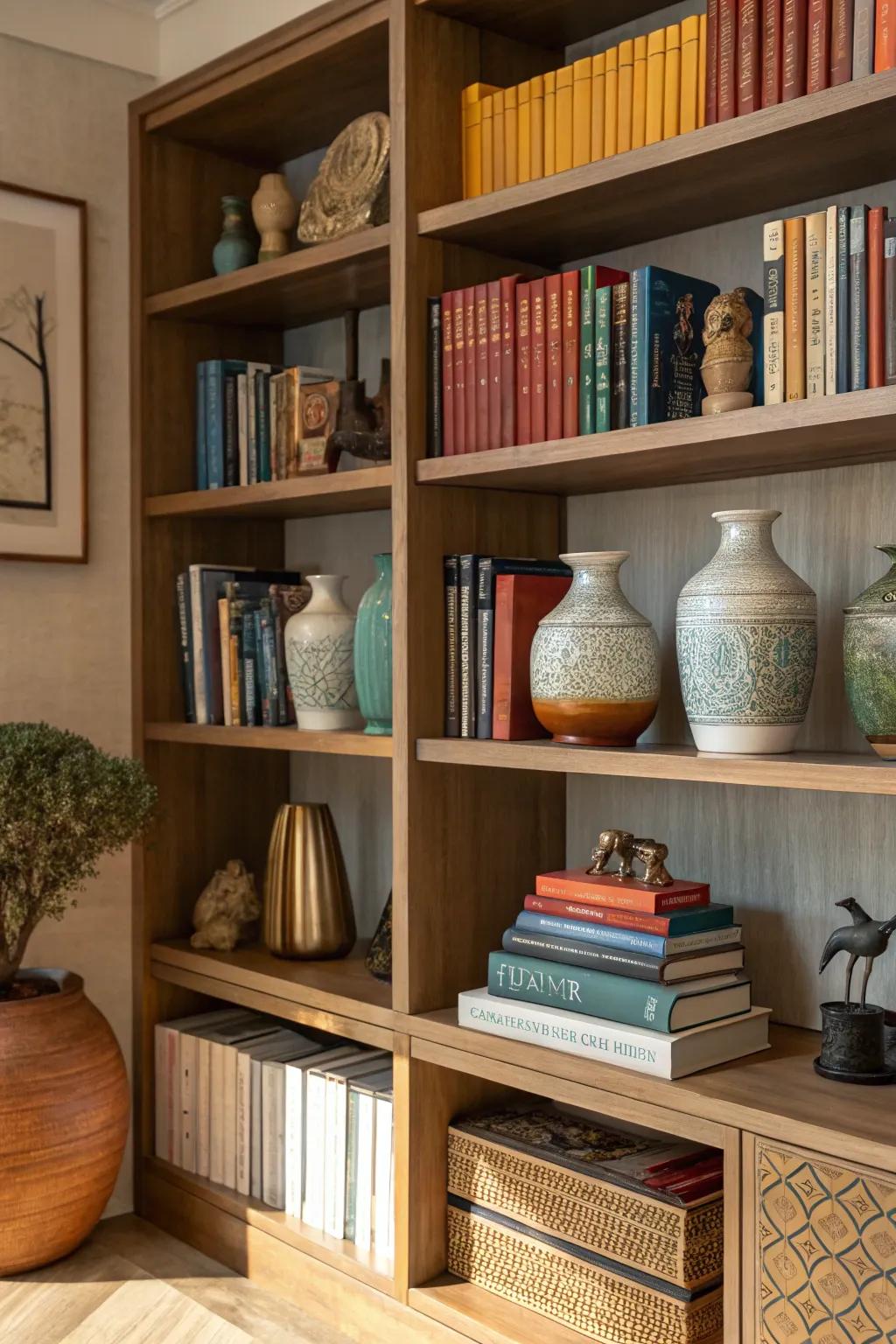 Add personality with decorative items alongside your books.