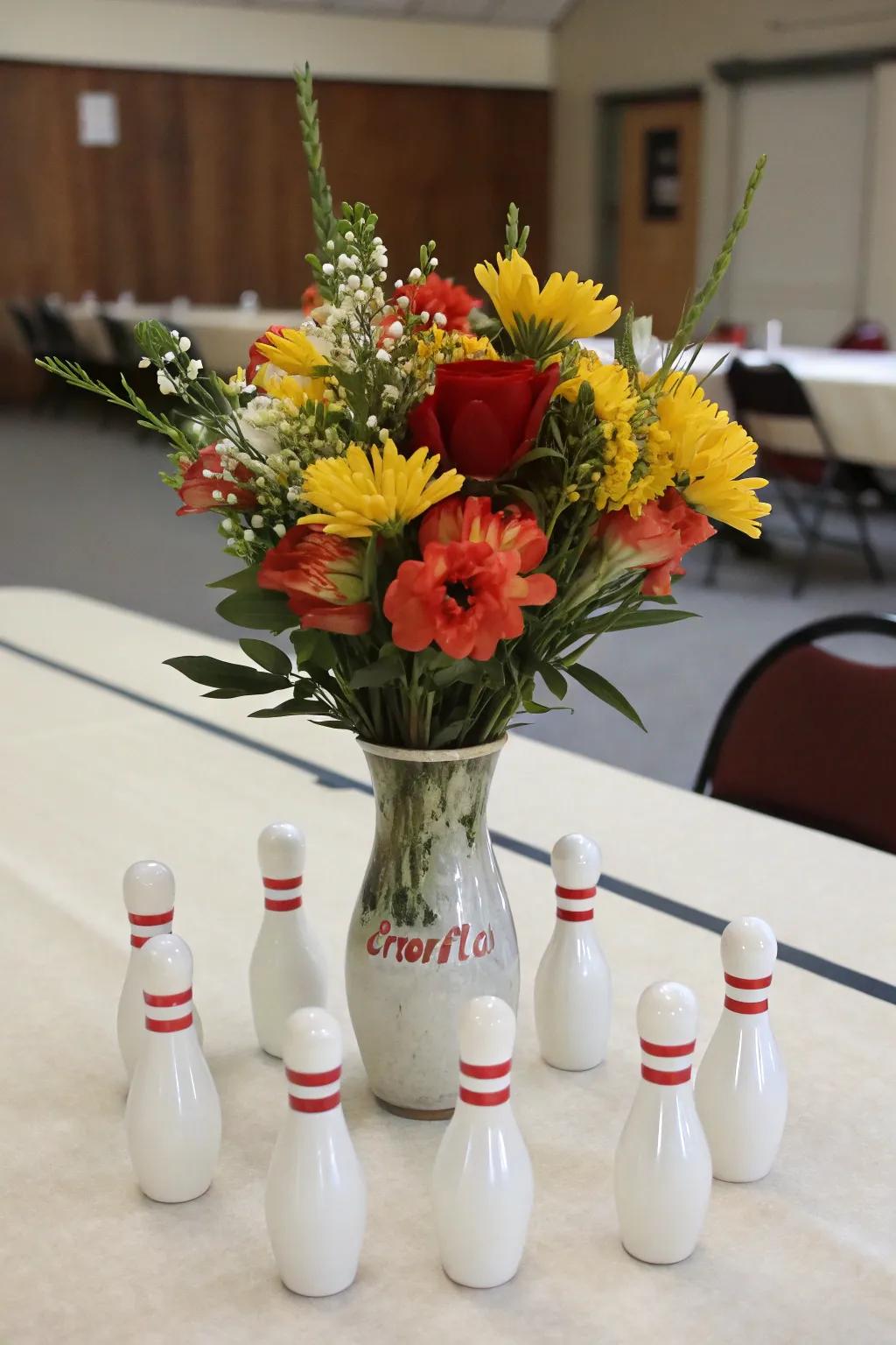 Fresh flowers bring a natural elegance to a bowling-themed centerpiece.