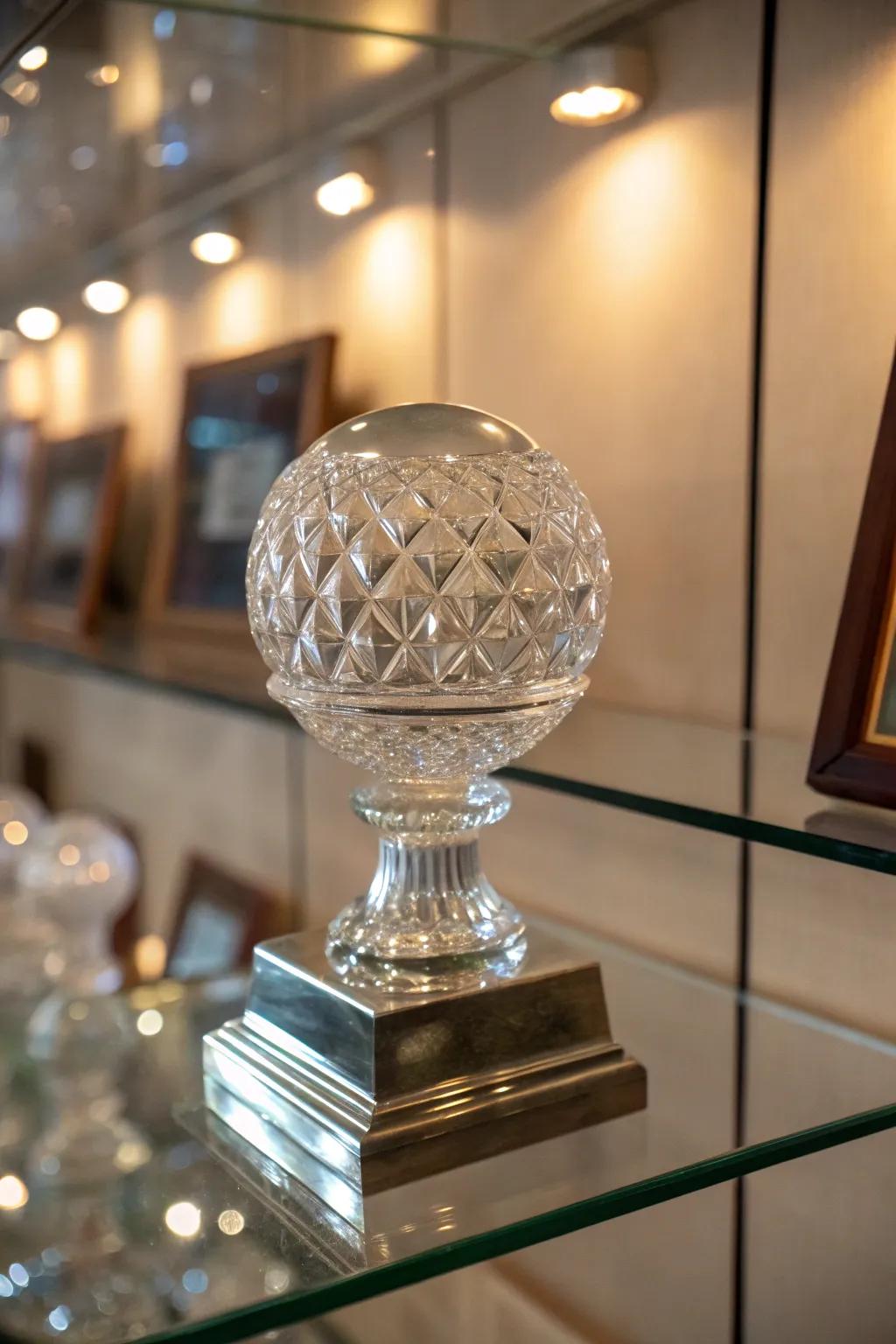 A sparkling crystal bowling ball trophy.