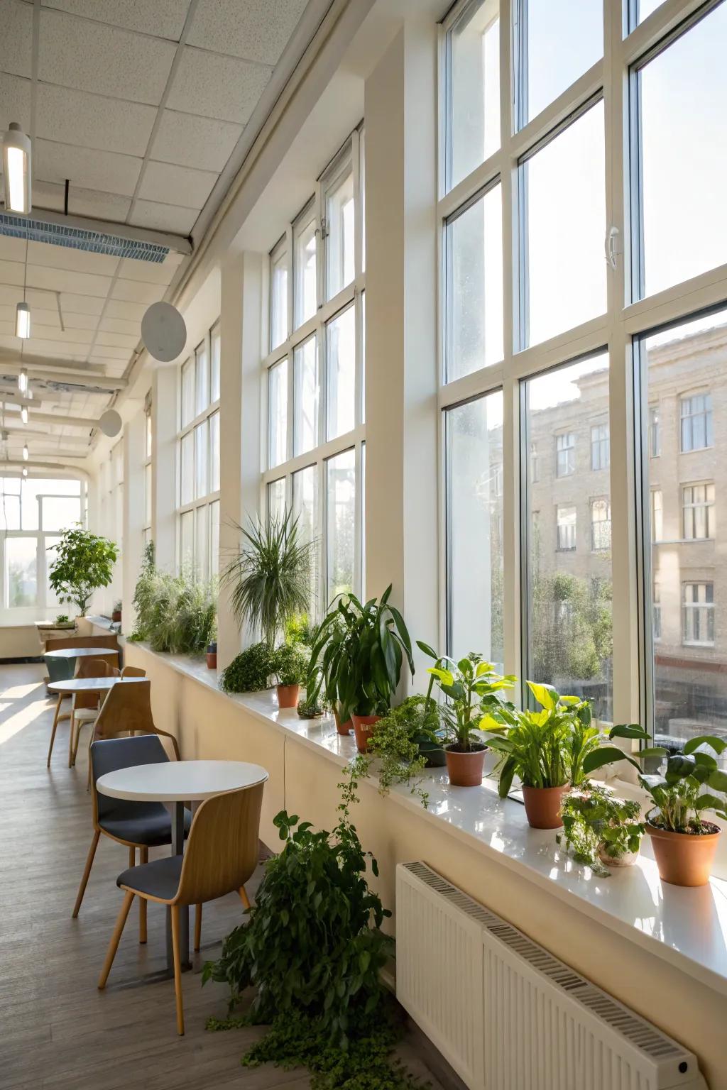 Natural light brightens up the break room, creating an uplifting environment.