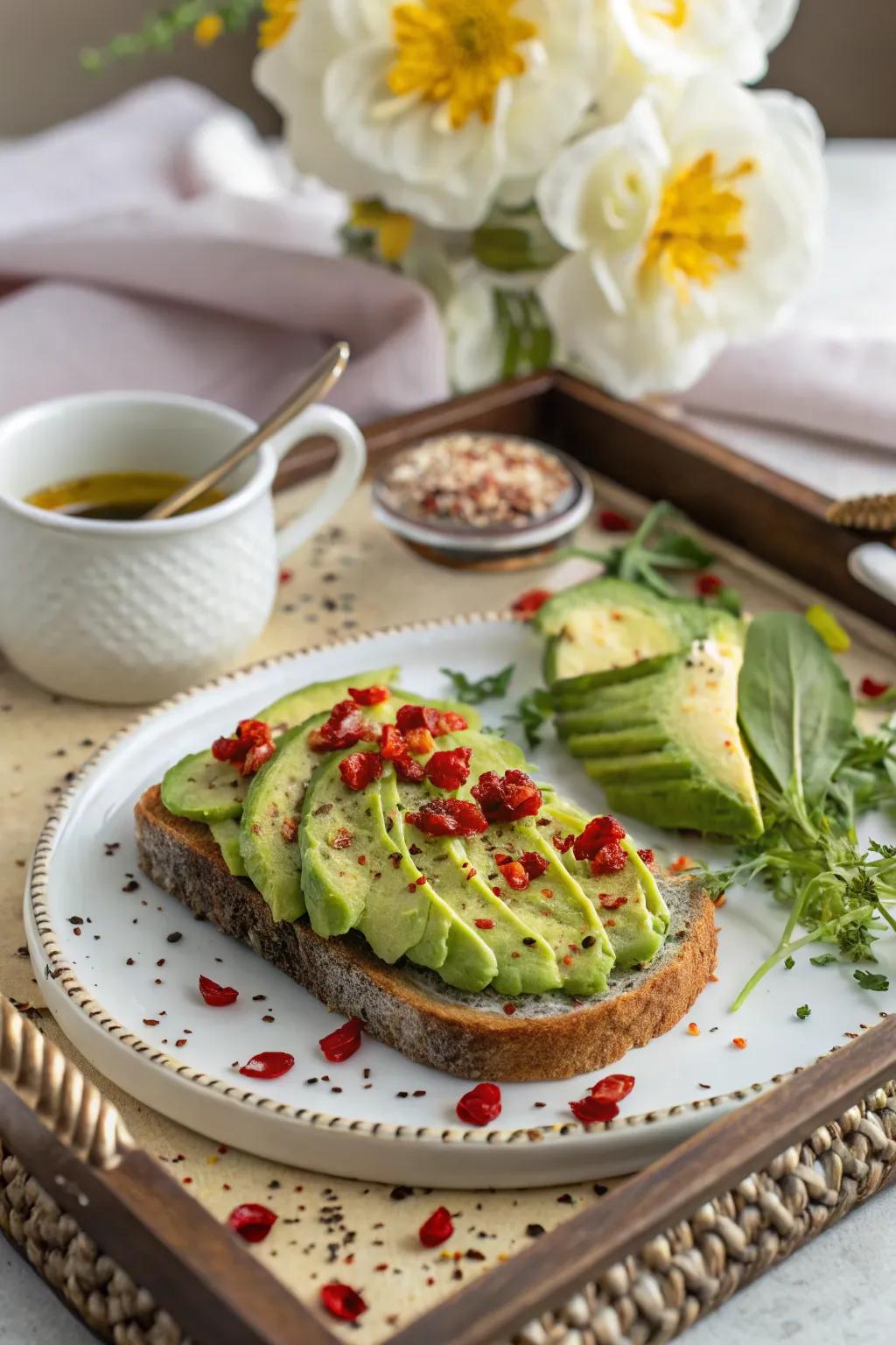 Avocado toast gets a flavorful makeover with spicy and savory accents.