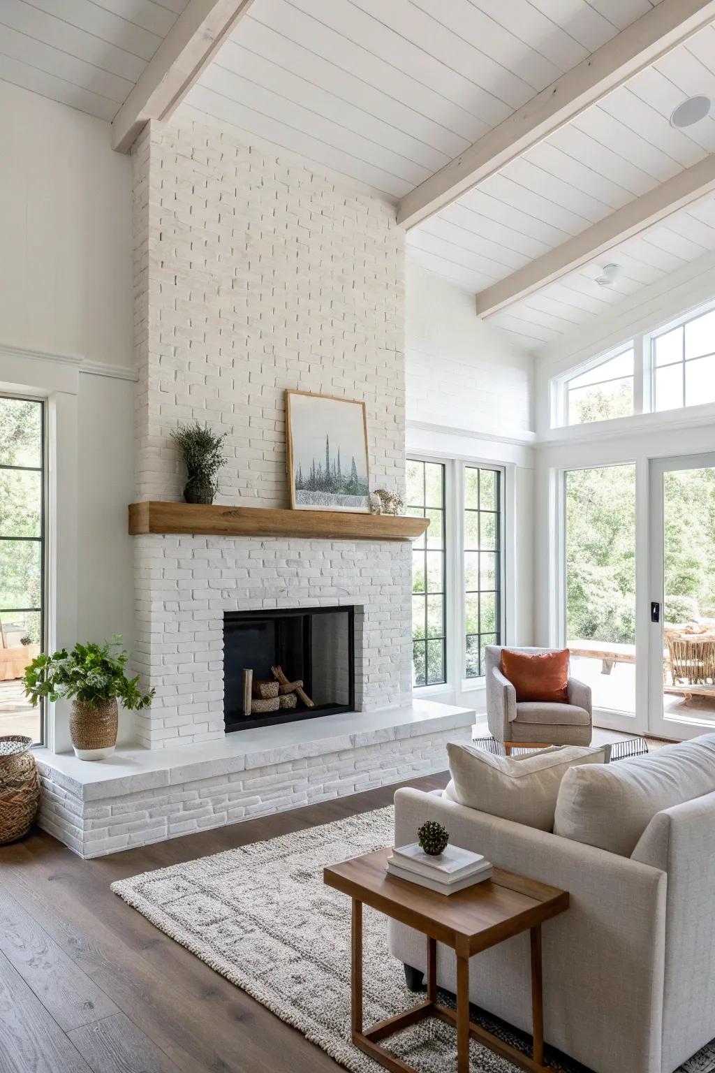 A modern whitewashed brick hearth that adds a clean and airy feel to the room.