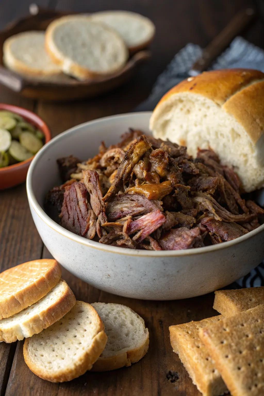 Tender pulled brisket ready to be enjoyed with bread or crackers.