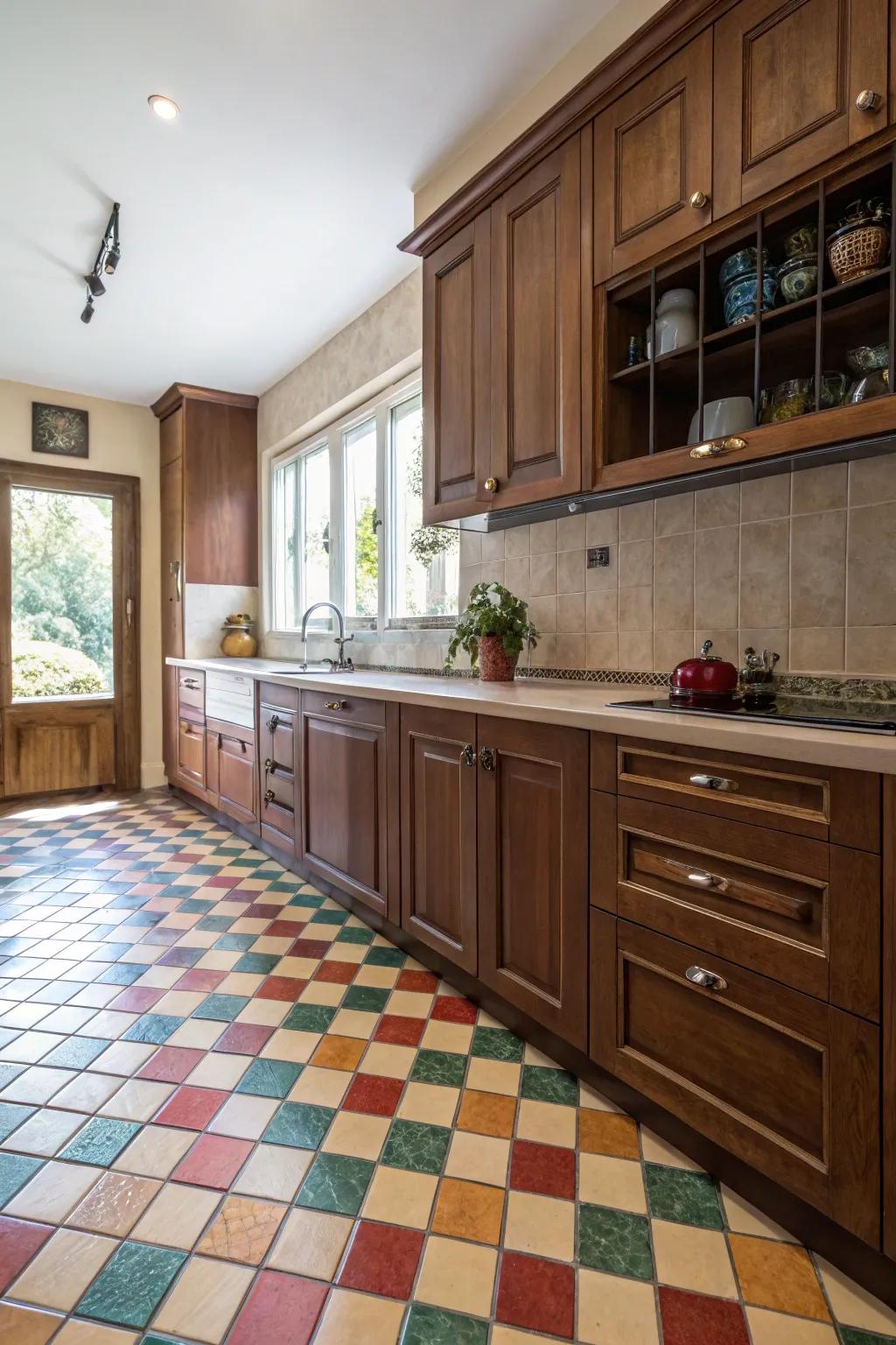 Bold floor tiles add a playful twist to brown cabinetry.