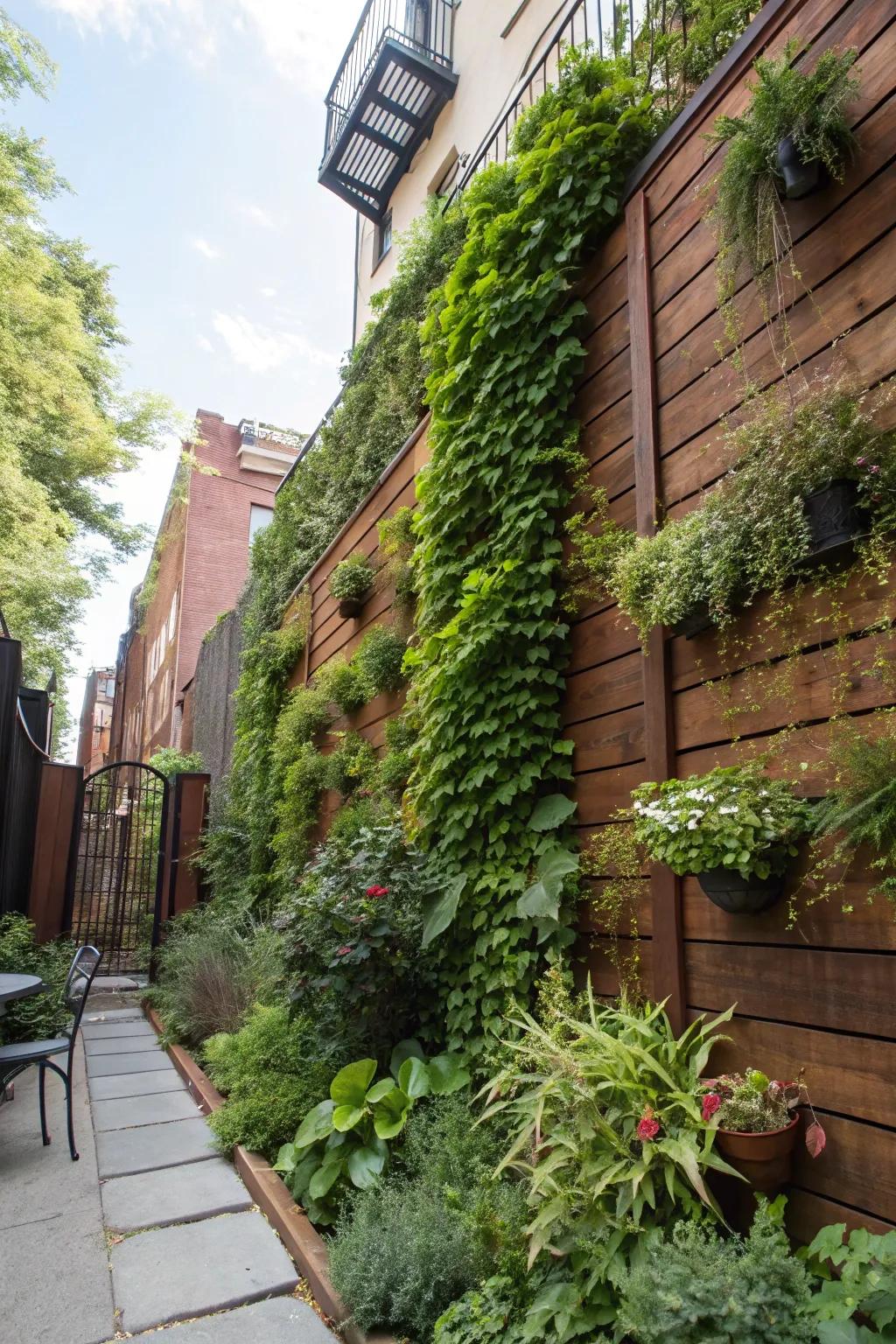 Vertical gardens add vibrant greenery to brownstone backyard walls.