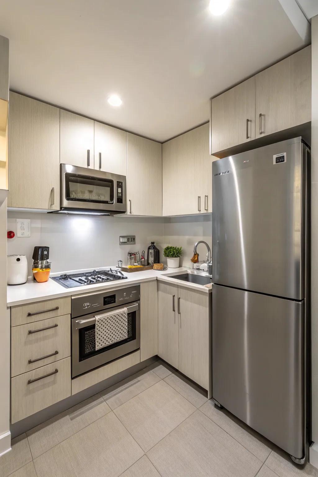 Modern appliances add a sleek touch to a small kitchen space.