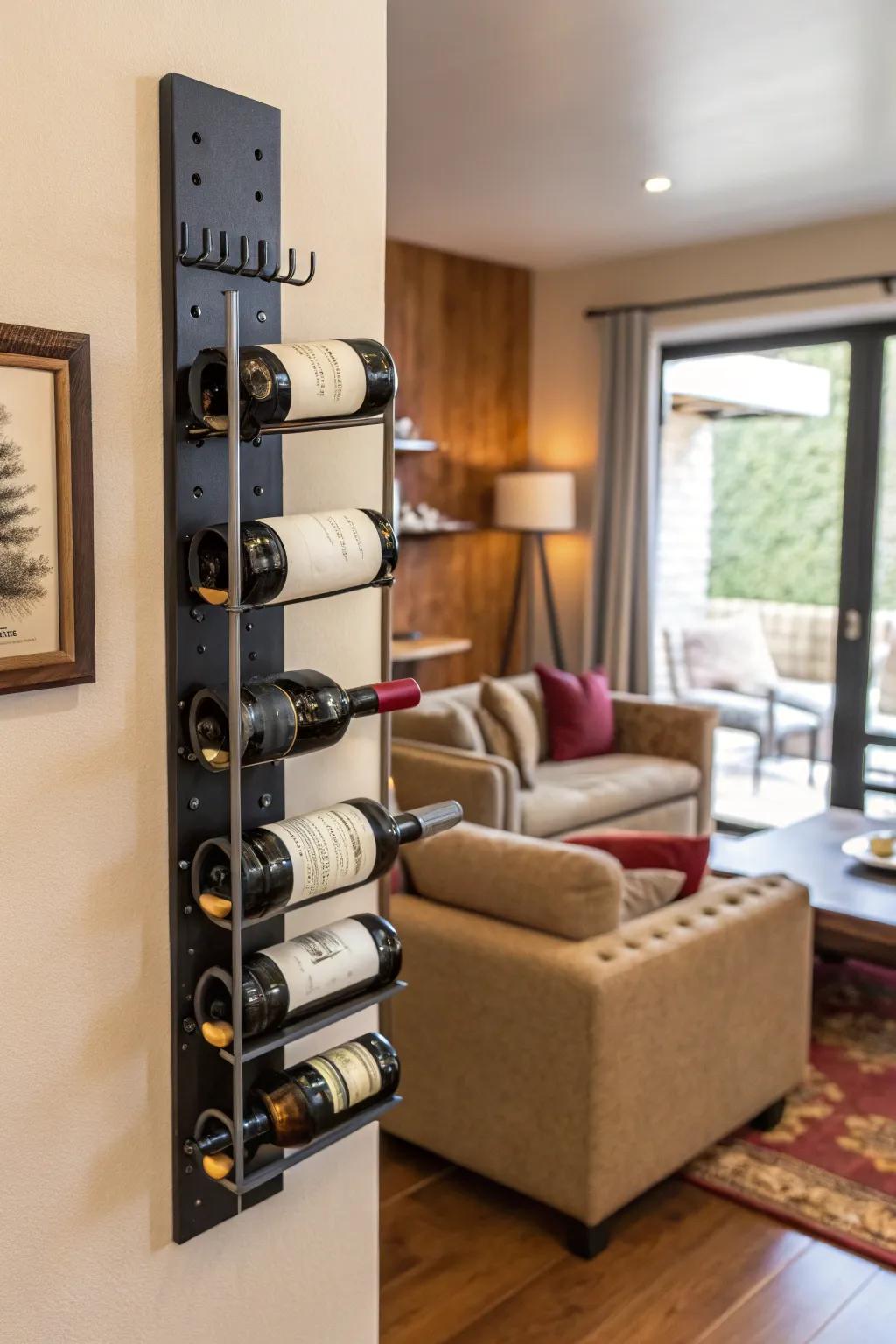 Transform a plain wall into a decorative wine showcase with wall-mounted racks.