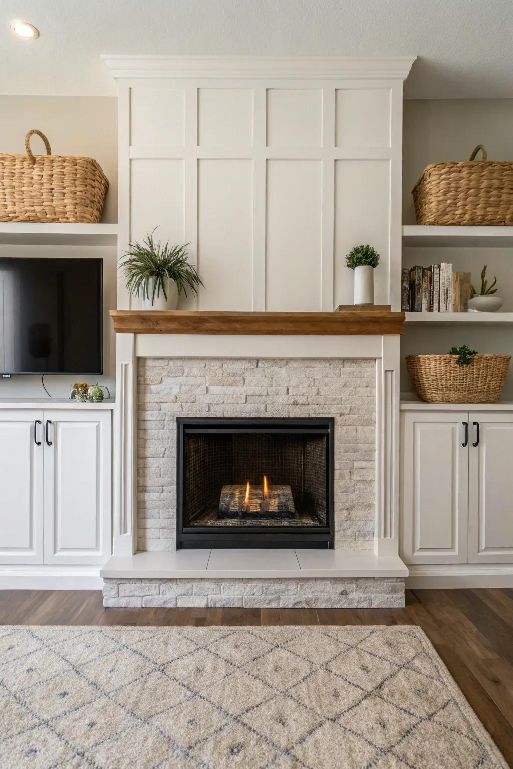 Closed cabinets offer a clean and modern fireplace surround.