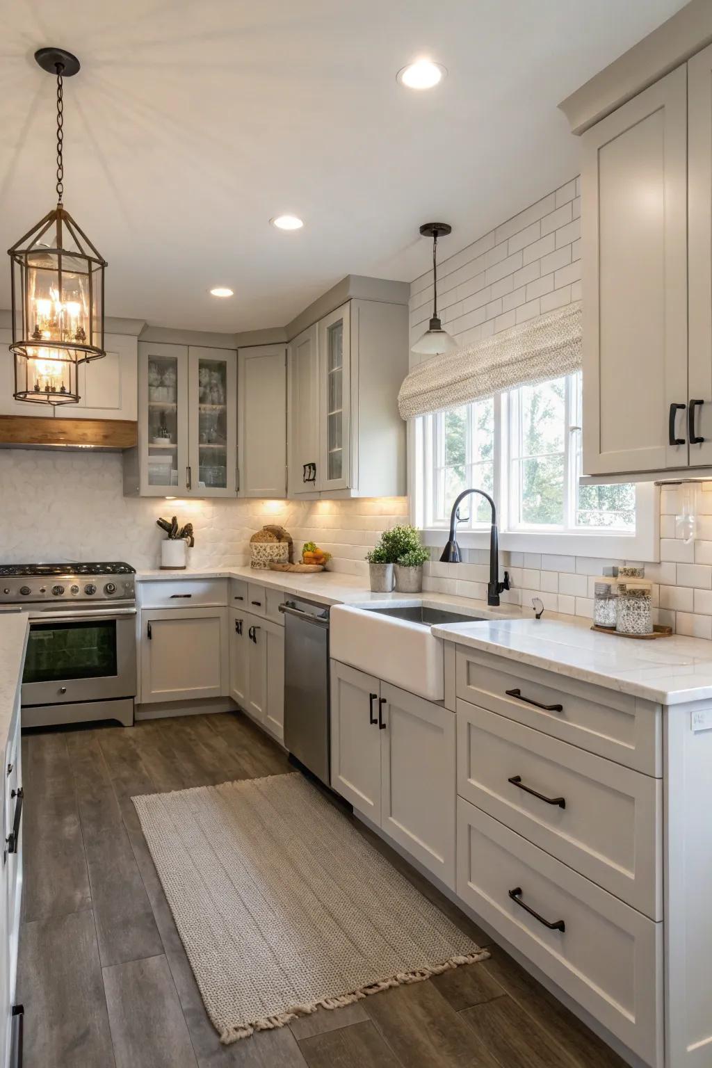 A bungalow kitchen with a neutral color palette that exudes timeless elegance.