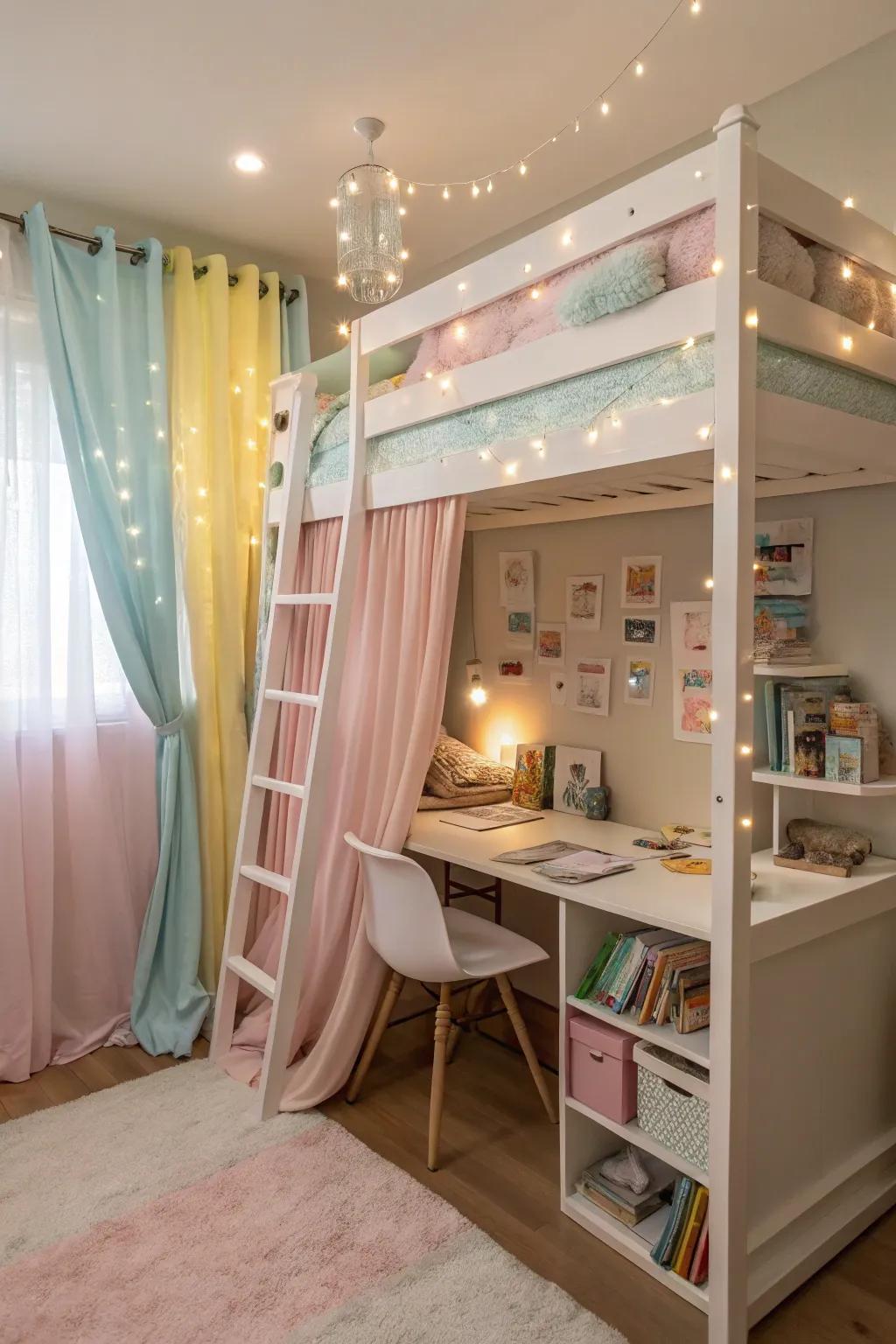 A pastel-themed room with a bunk bed, creating a dreamy and calming space.