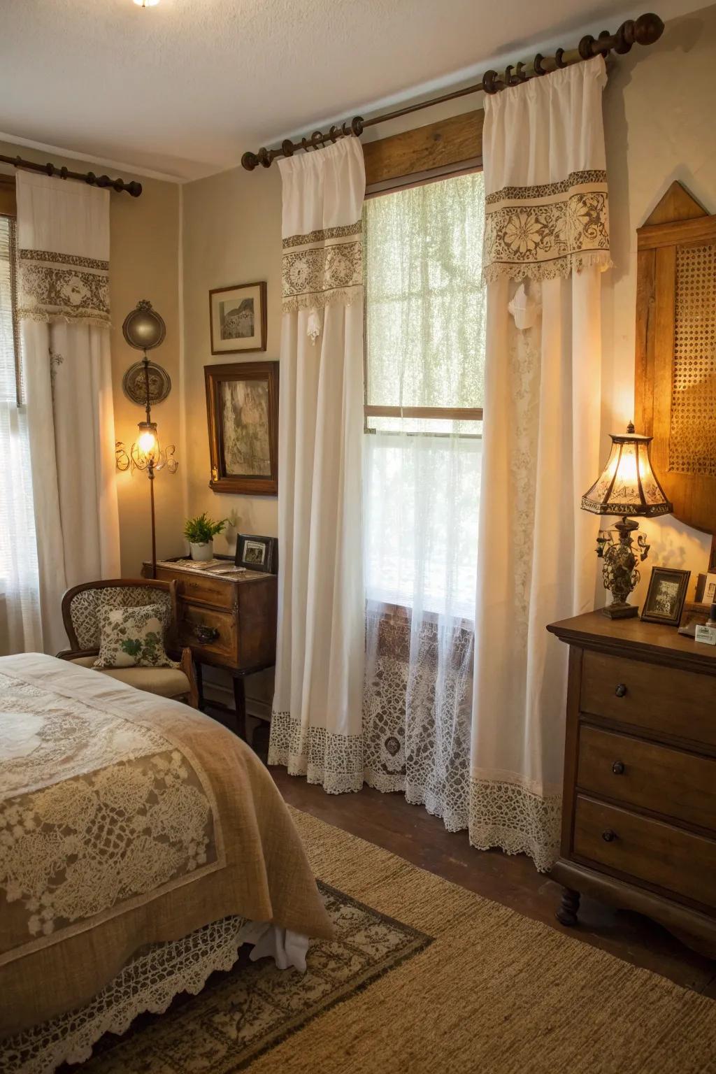 Romantic charm with burlap and lace layered curtains.