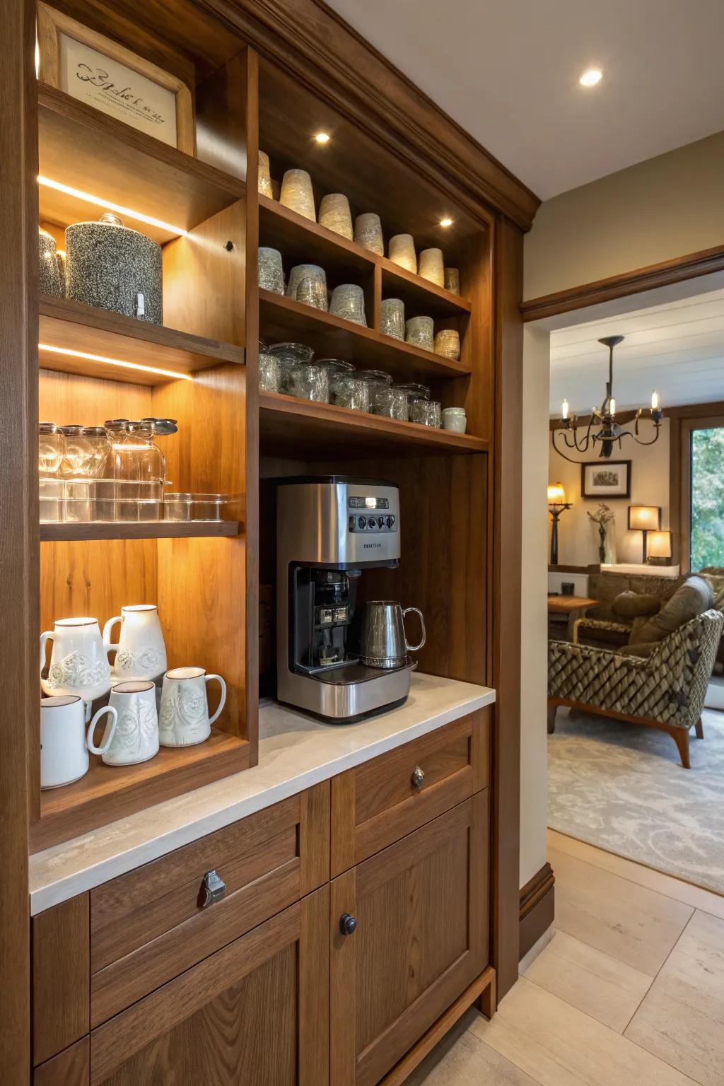 A cozy butler's pantry featuring a built-in coffee station for morning routines.