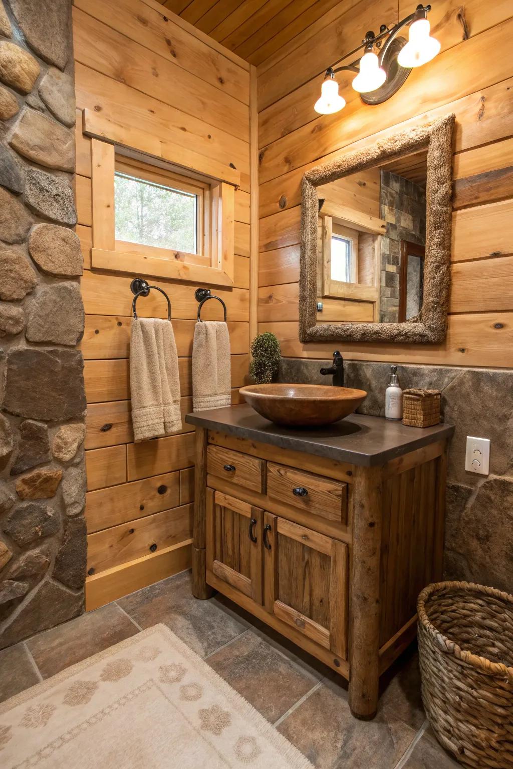 A cabin bathroom showcasing earthy tones that complement the wooden accents.