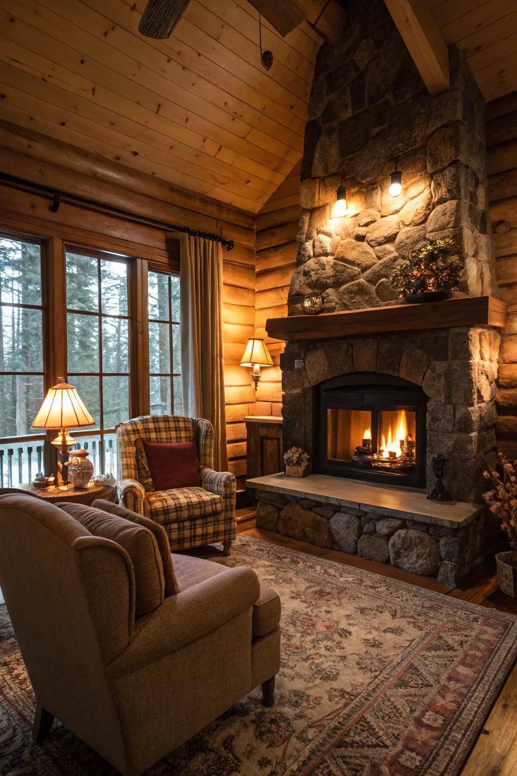 Inviting cabin living room with a warm fireplace