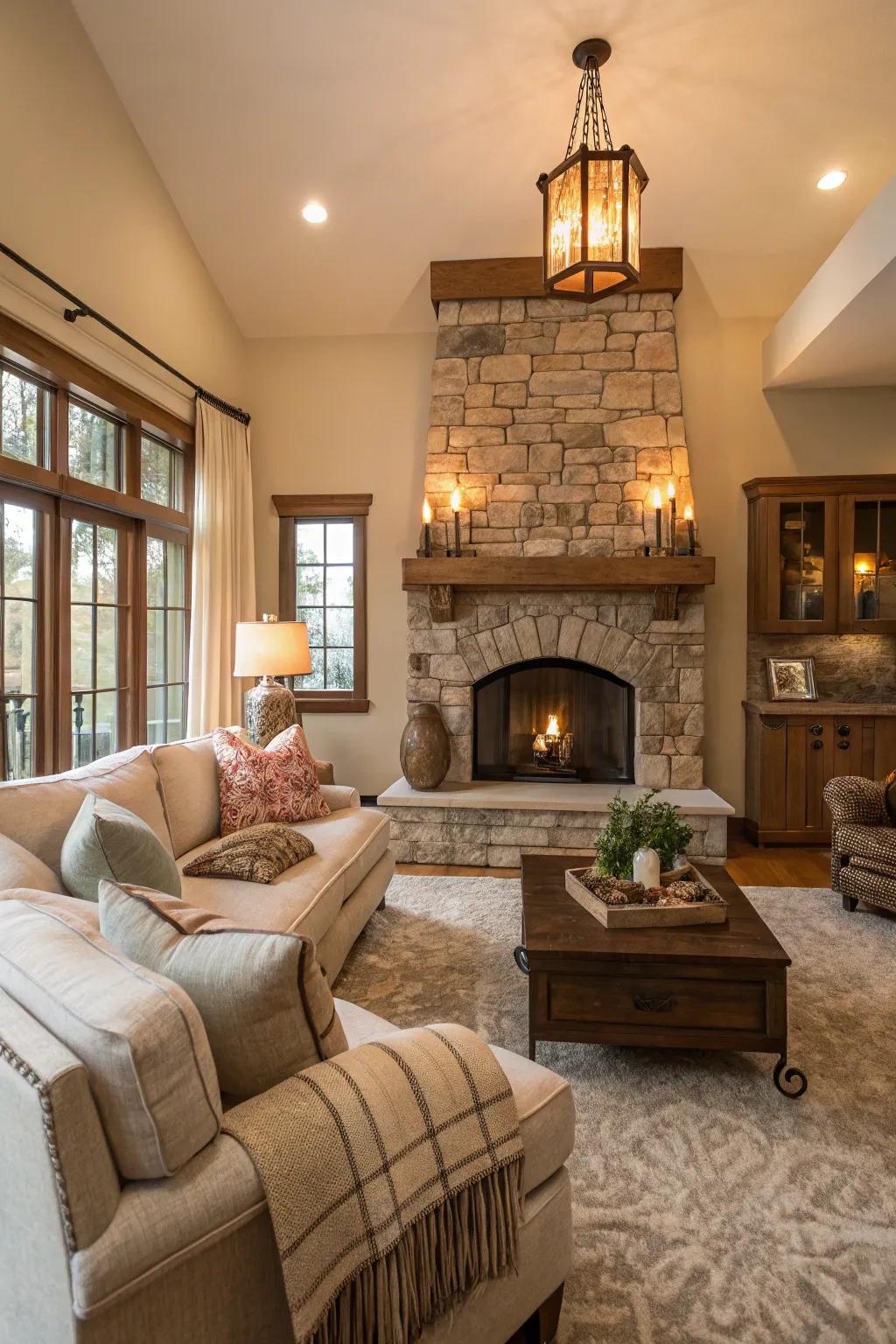 A living room centered around a stone fireplace, radiating warmth and comfort.