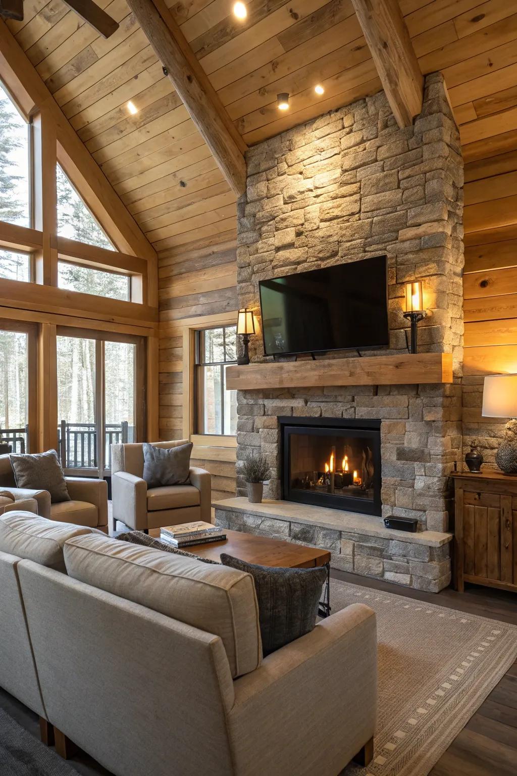 The perfect blend of modern and rustic warmth in a cabin living room.